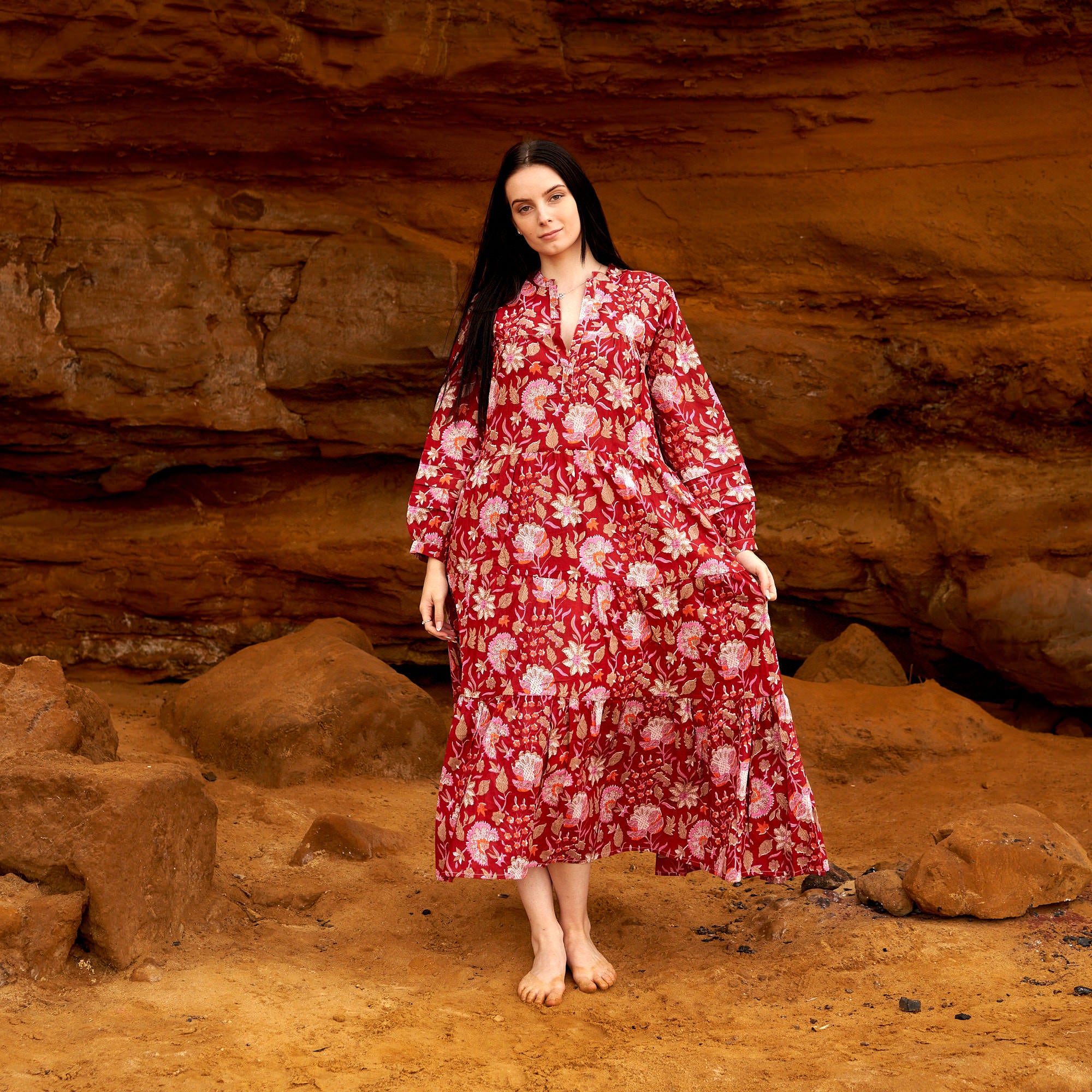 'Fiery Blossoms' 100% Cotton Maxi Dress