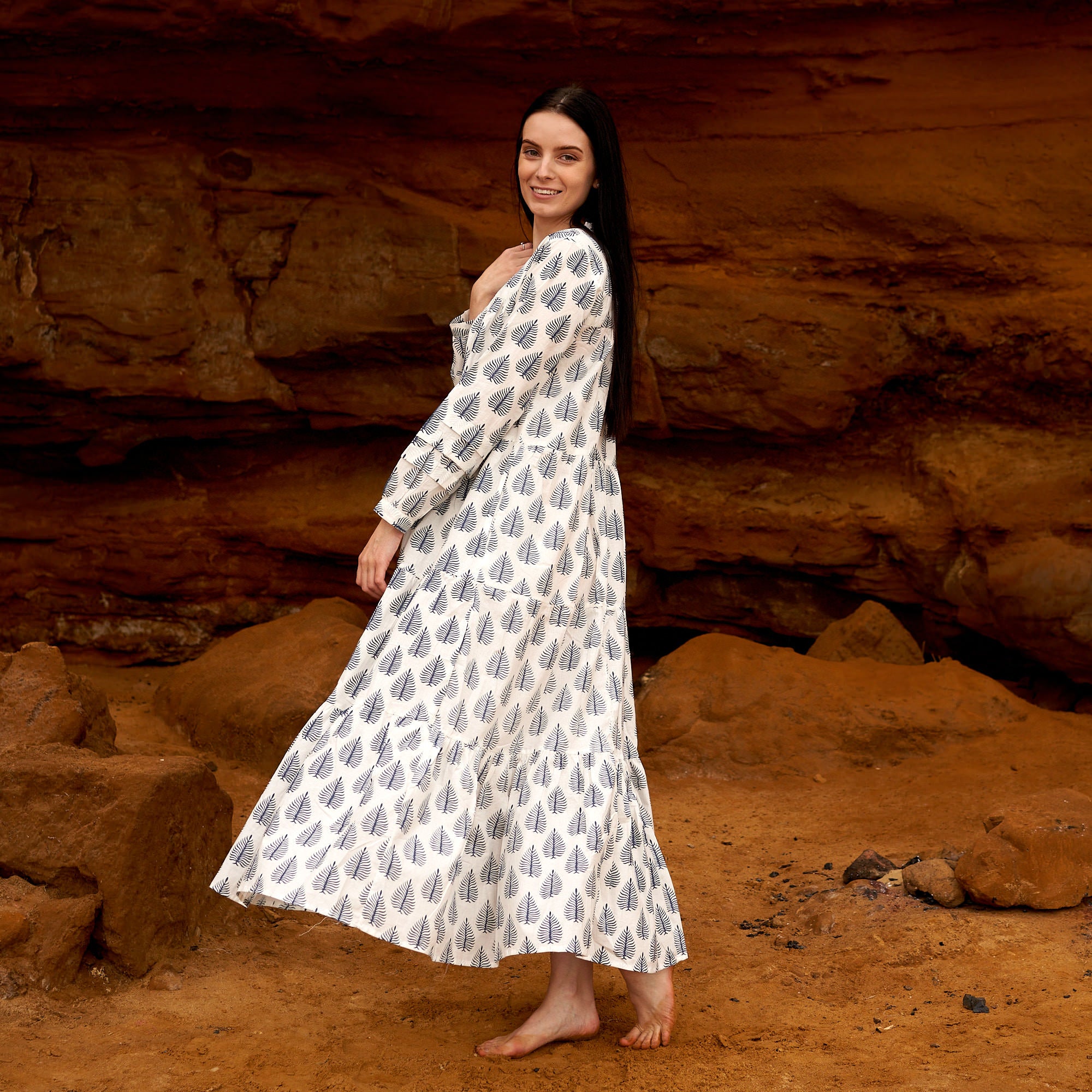 'Azure Leaves' 100% Cotton Maxi Dress