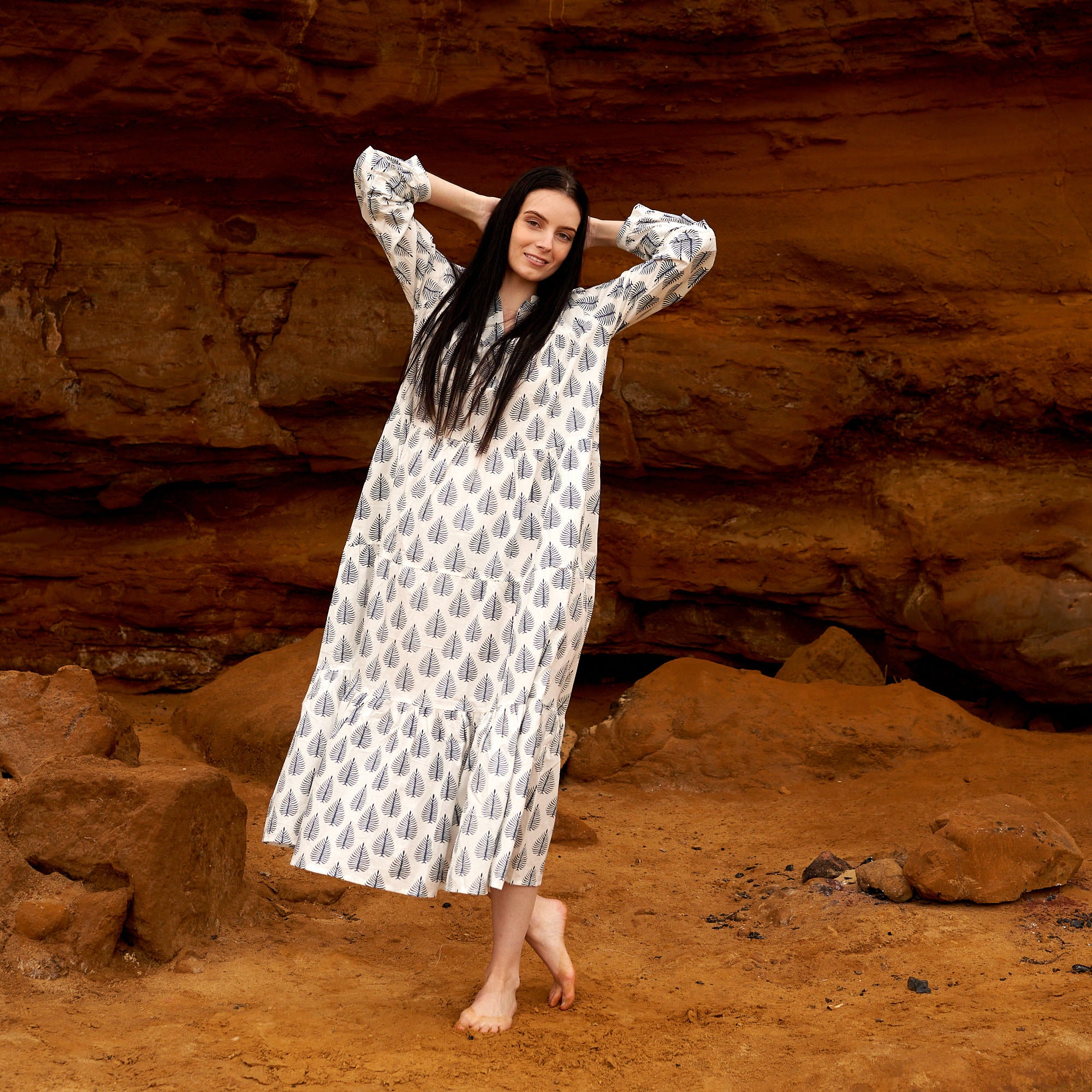 'Azure Leaves' 100% Cotton Maxi Dress