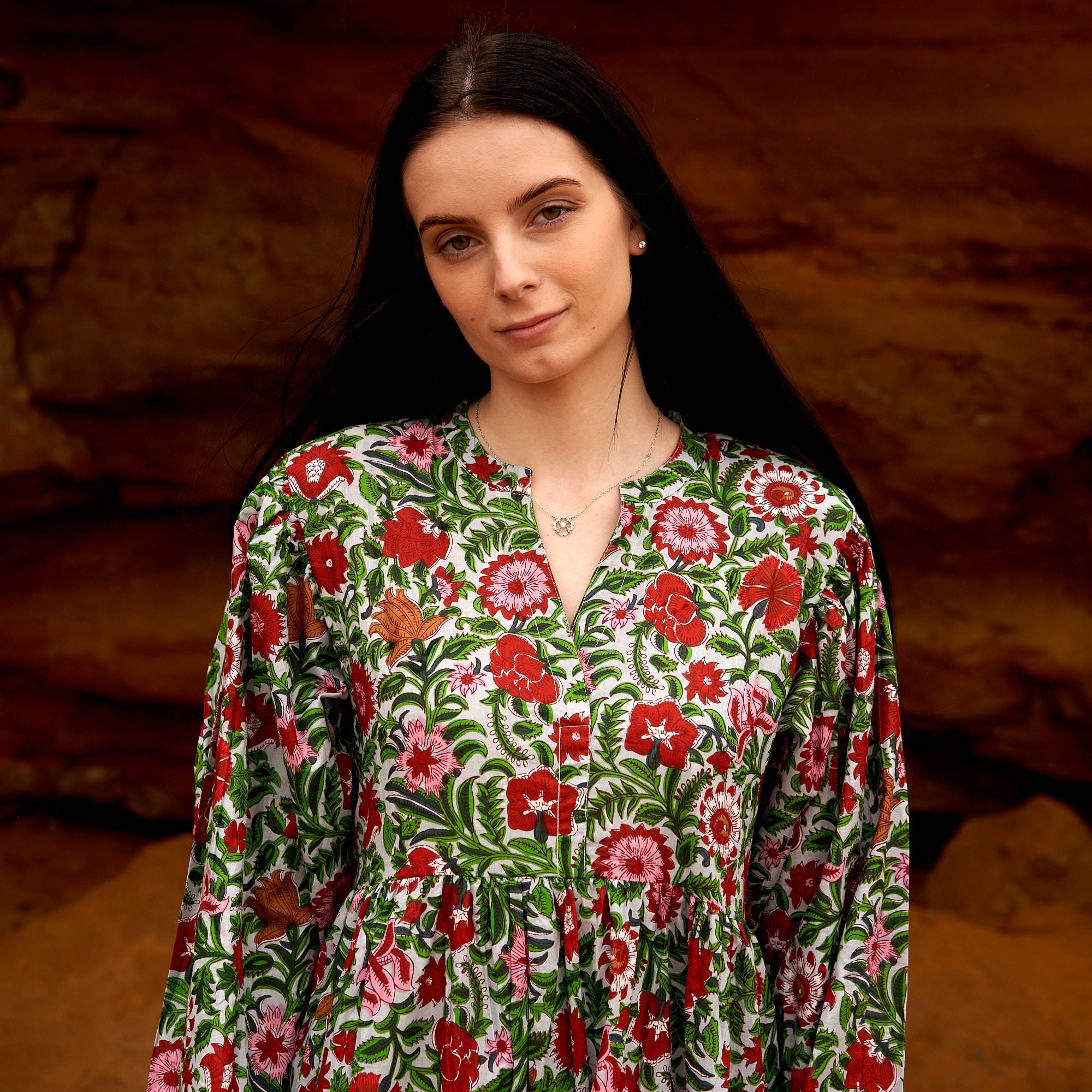 'Vermilion Blooms' 100% Cotton Maxi Dress