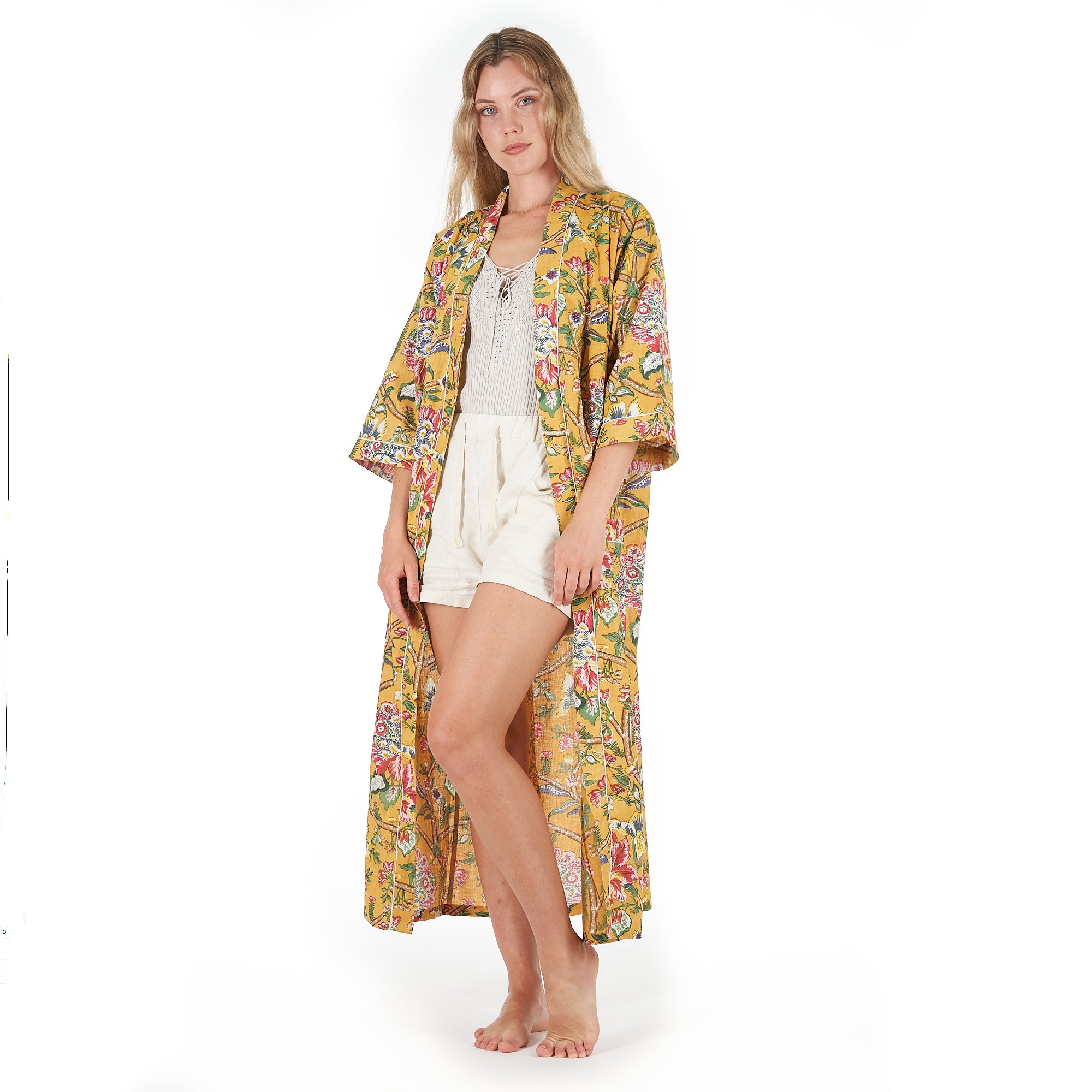 'Mustard Mystique' 100% Cotton Kimono Robe