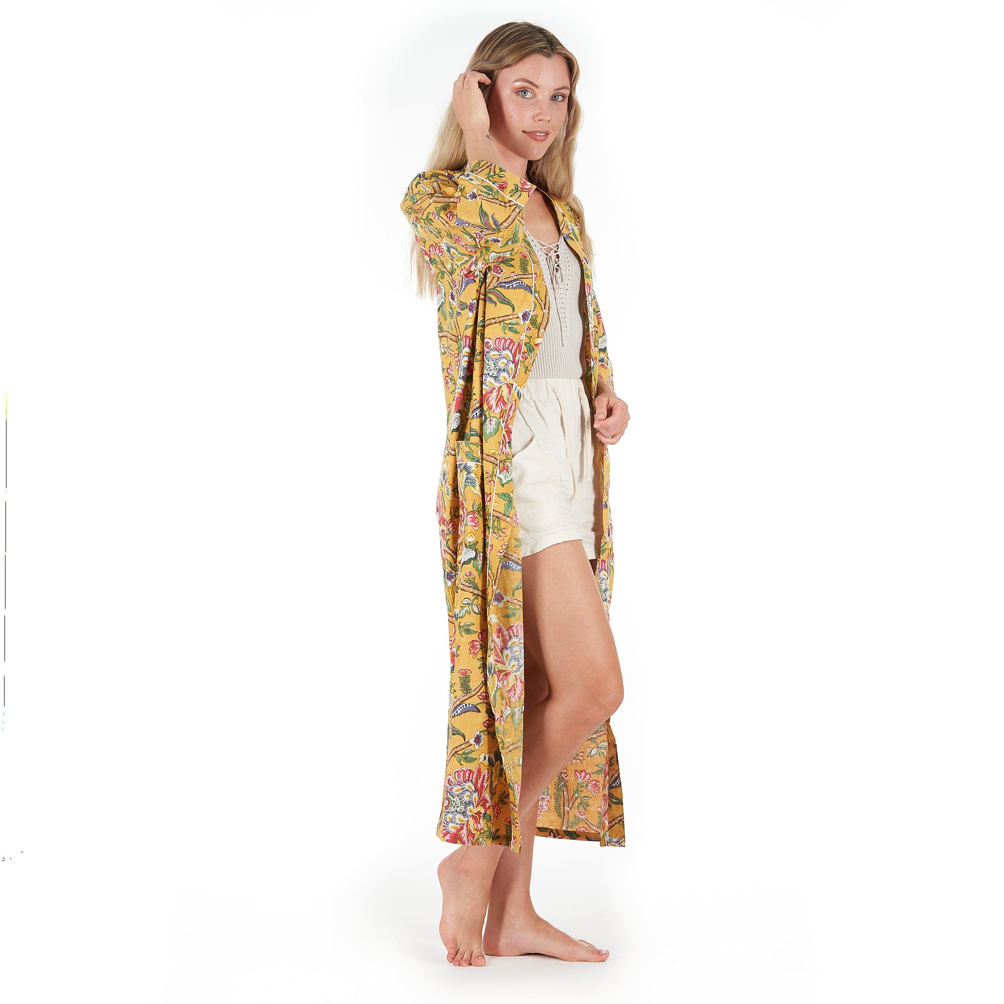 'Mustard Mystique' 100% Cotton Kimono Robe