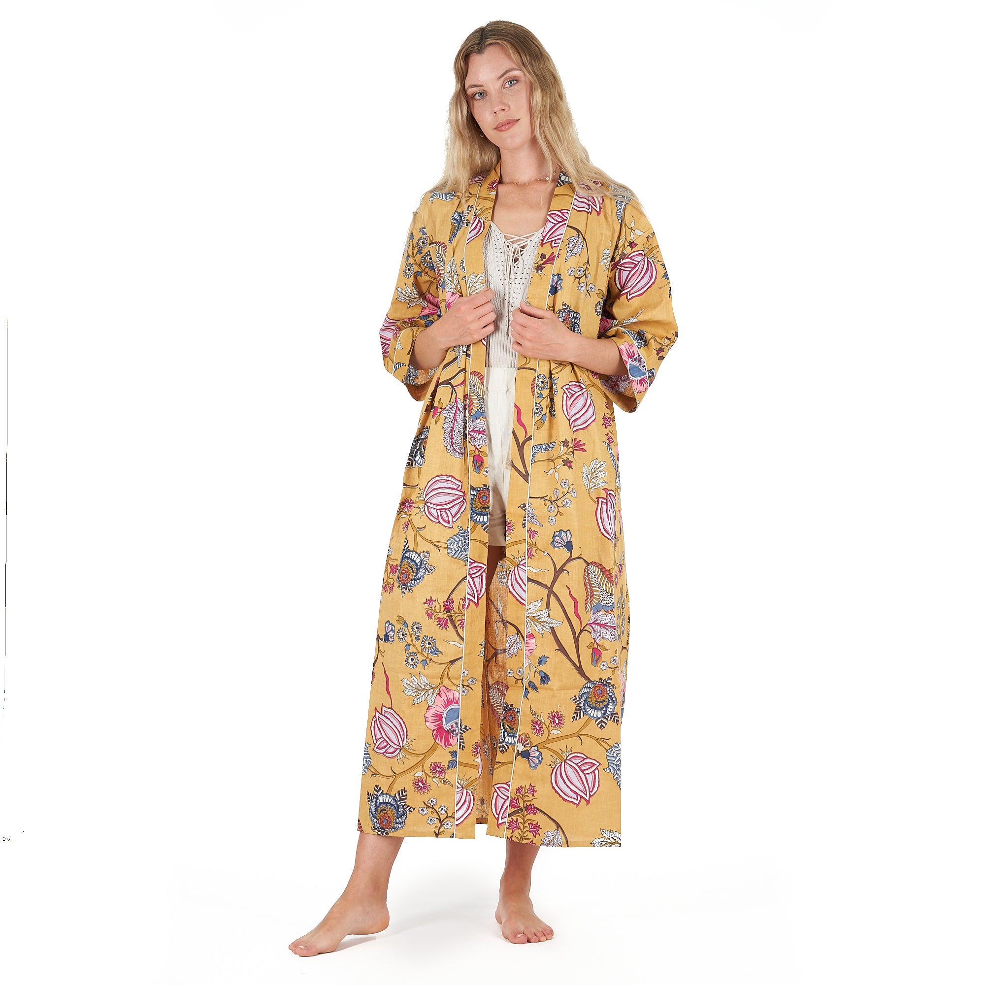 'Yellow Rendezvous' 100% Cotton Kimono Robe