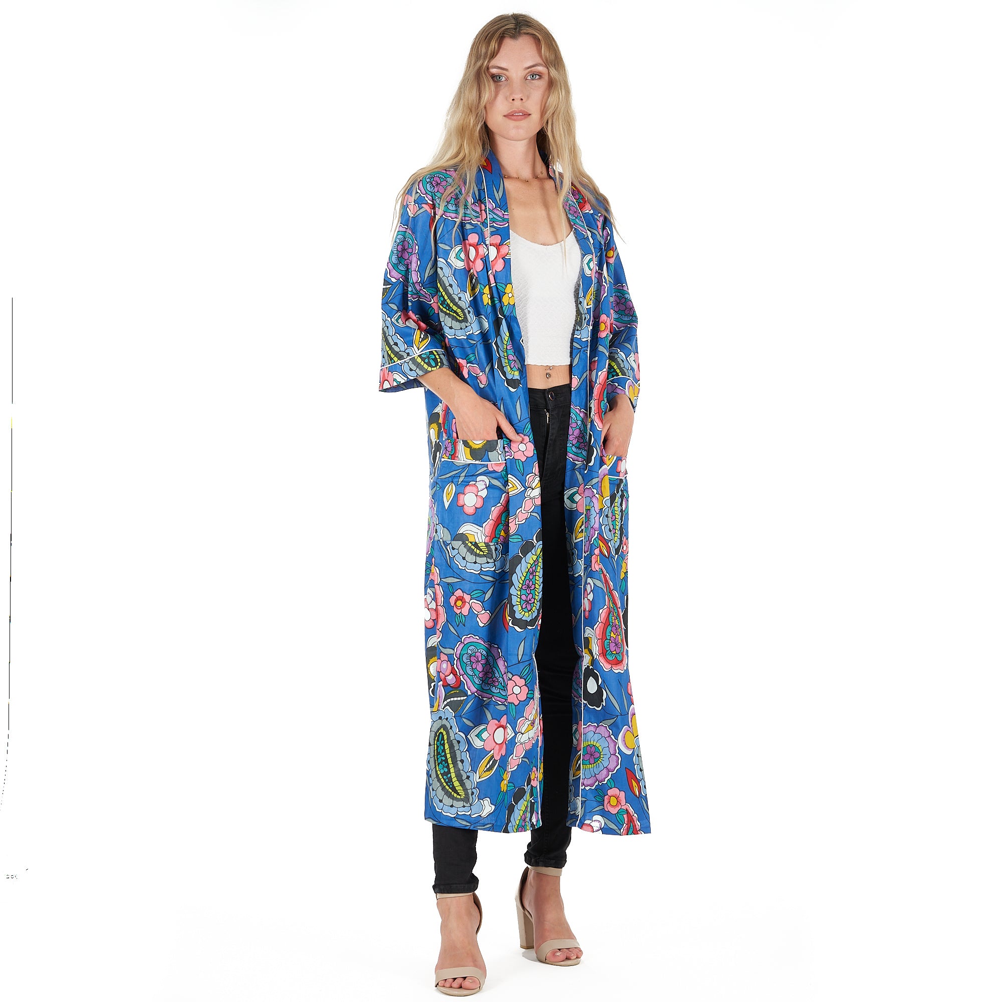 'Bold Blue Florals' 100% Cotton Kimono Robe