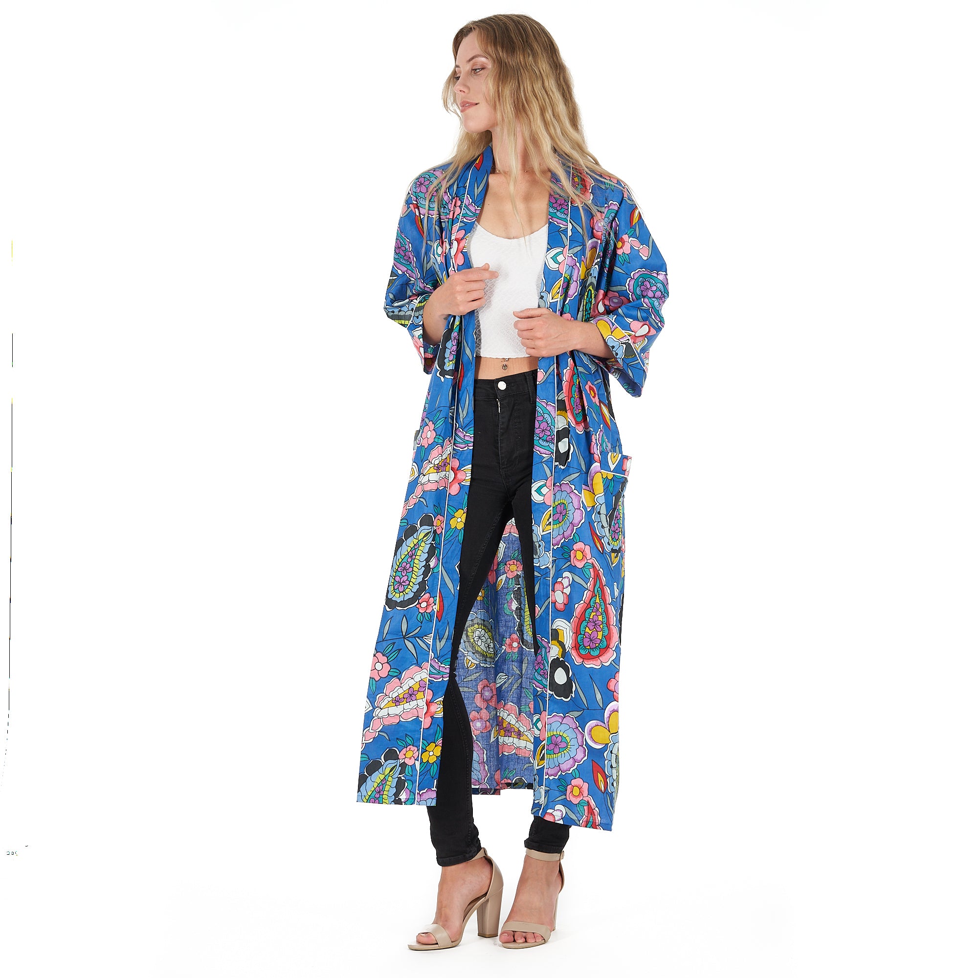 'Bold Blue Florals' 100% Cotton Kimono Robe