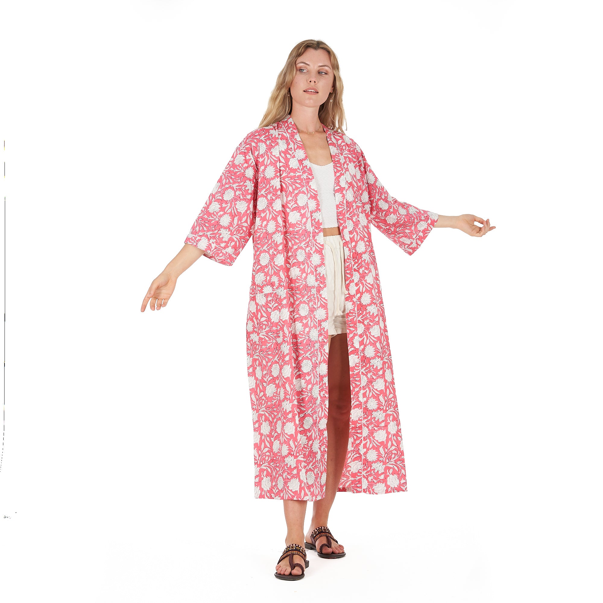 'White Blossom Bliss' 100% Cotton Kimono Robe