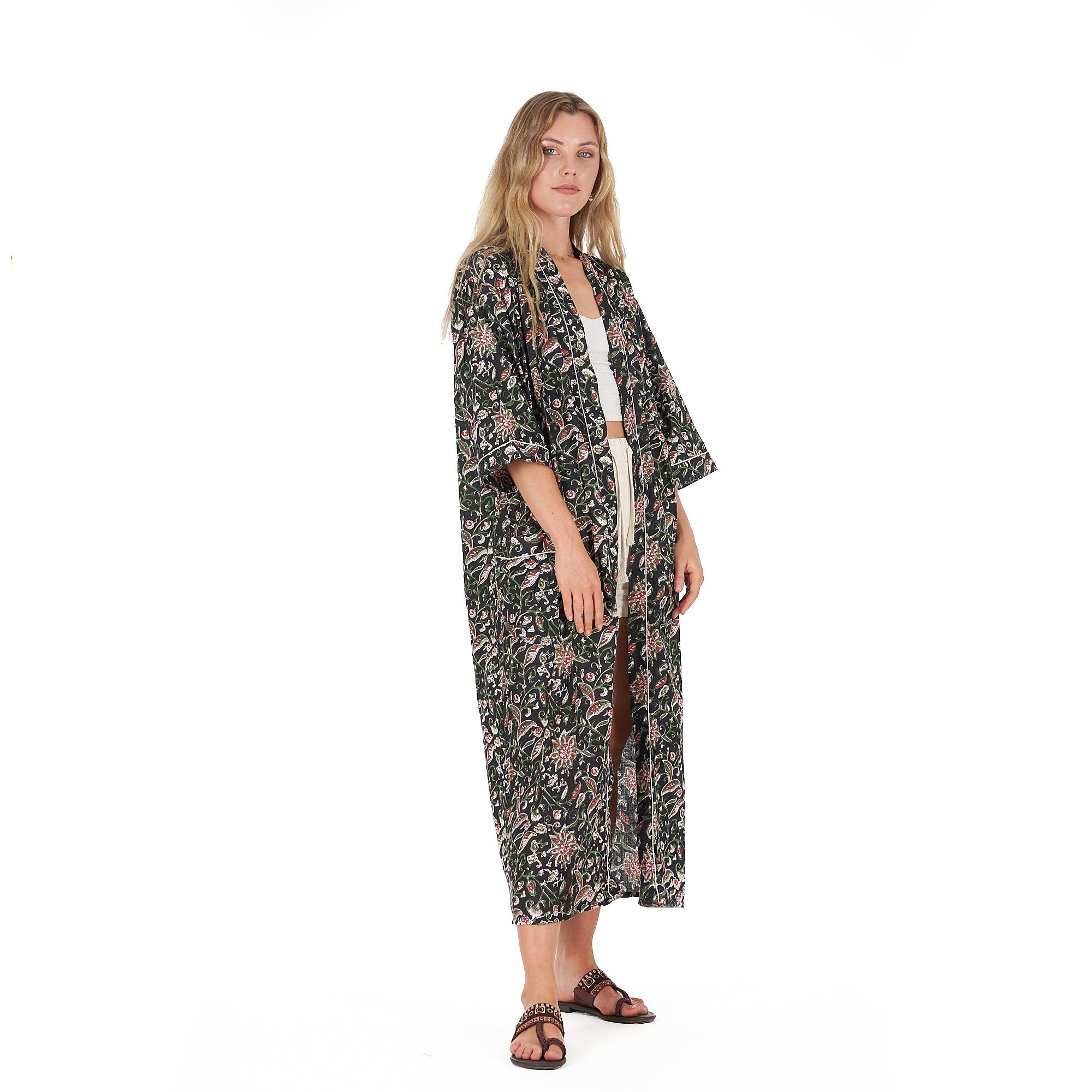 'Noir Oasis' 100% Cotton Kimono Robe