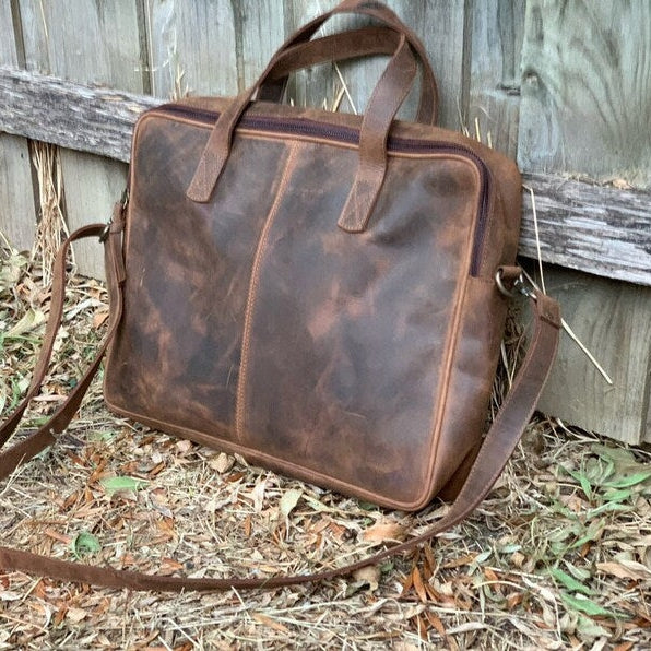 Rustic Full Grain Leather Messenger Bag - Laptop Briefcase & Satchel