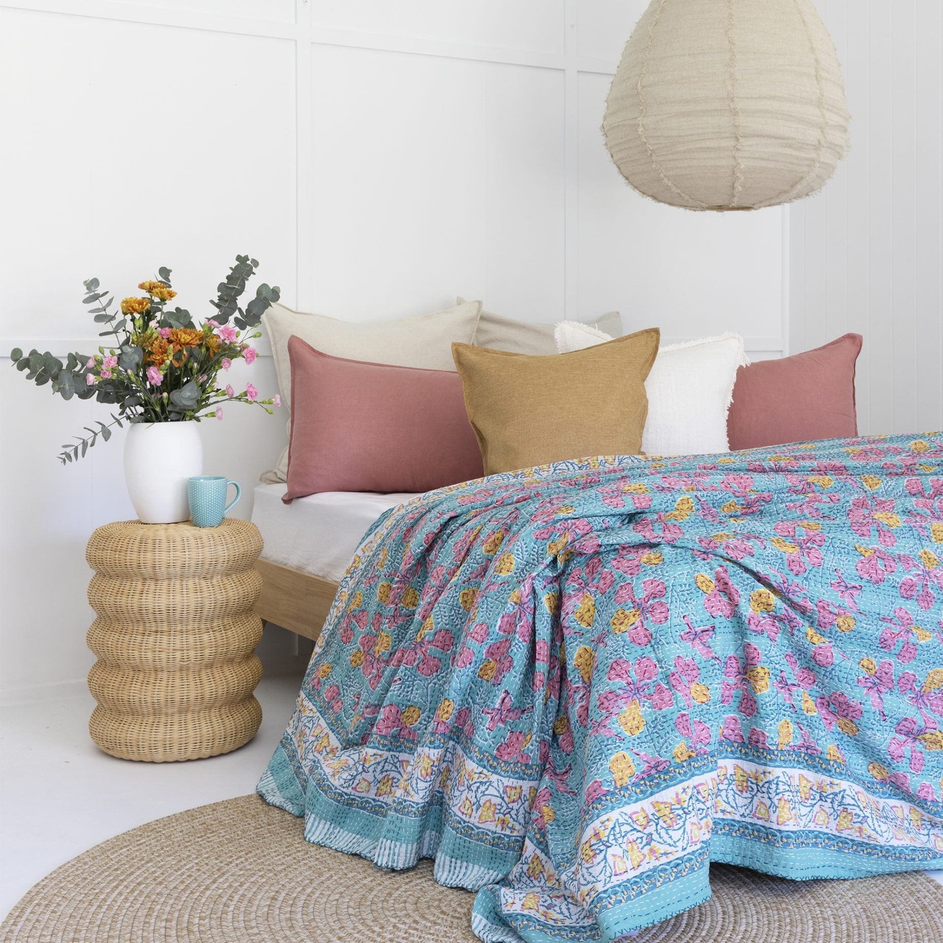Indian Kantha Quilt Blanket Bedspread Throw Duvet - Block Print Floral