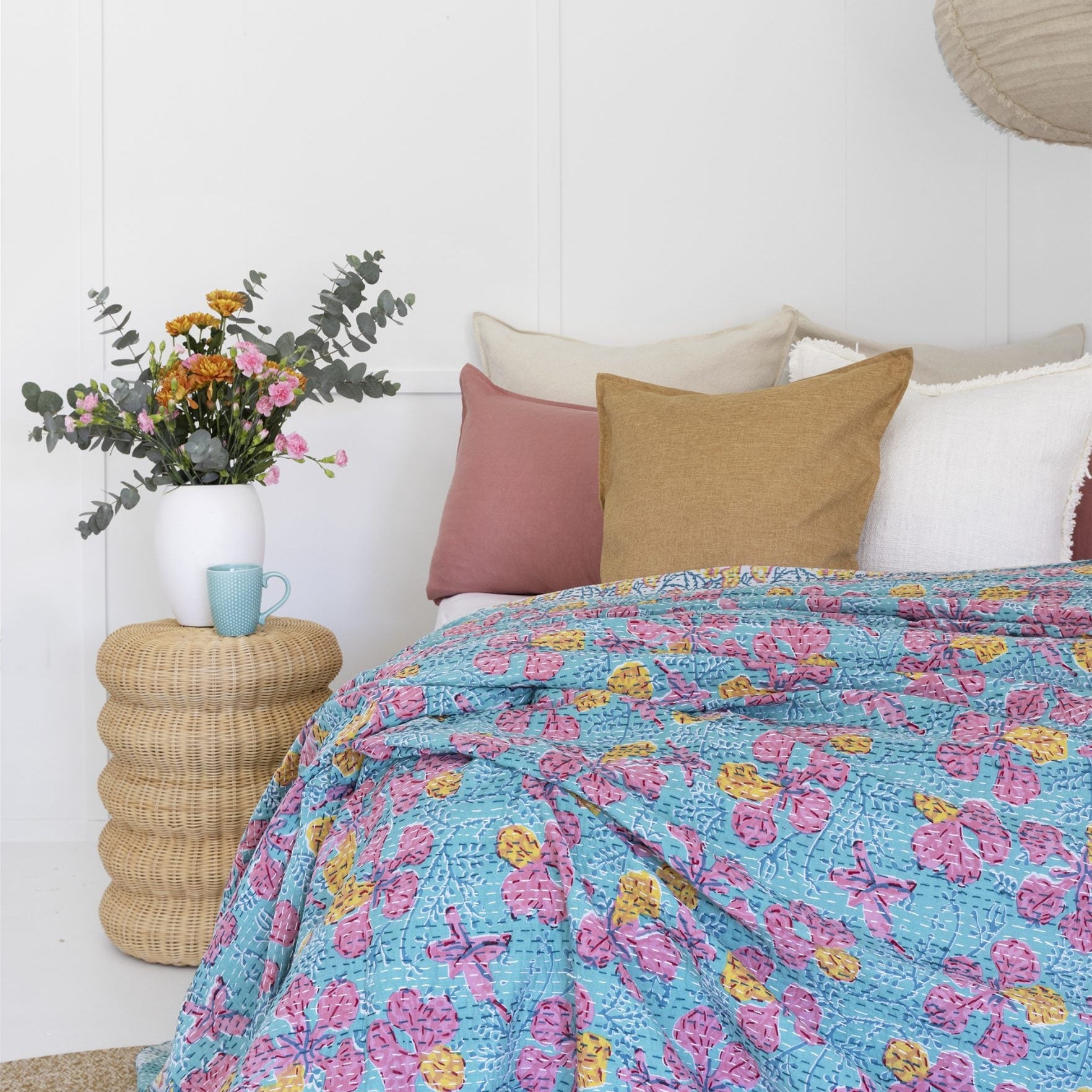 Indian Kantha Quilt Blanket Bedspread Throw Duvet - Block Print Floral
