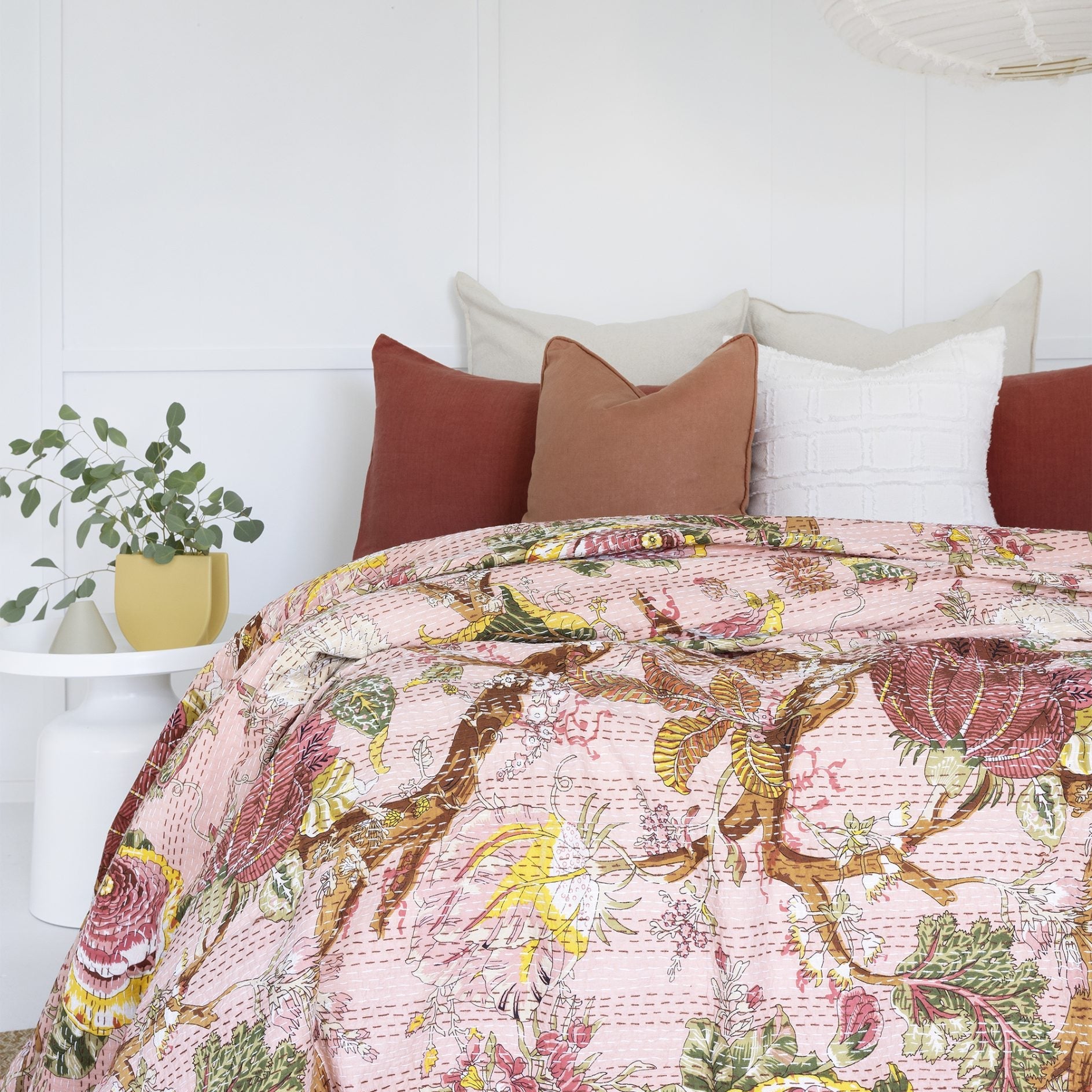 Indian Kantha Quilt Blanket Bedspread Throw Duvet - Tree of Life Pink