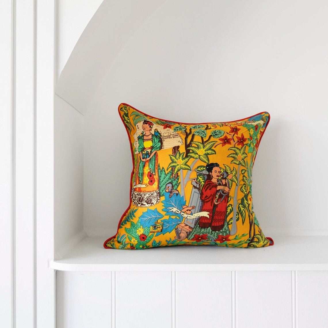 Mexican Painter Pillow Case, Frida Floral Decorative Cushion, Mexican Painter Art Garden Country Mexico Muertes Cushion Cover FRIDA MUSTARD