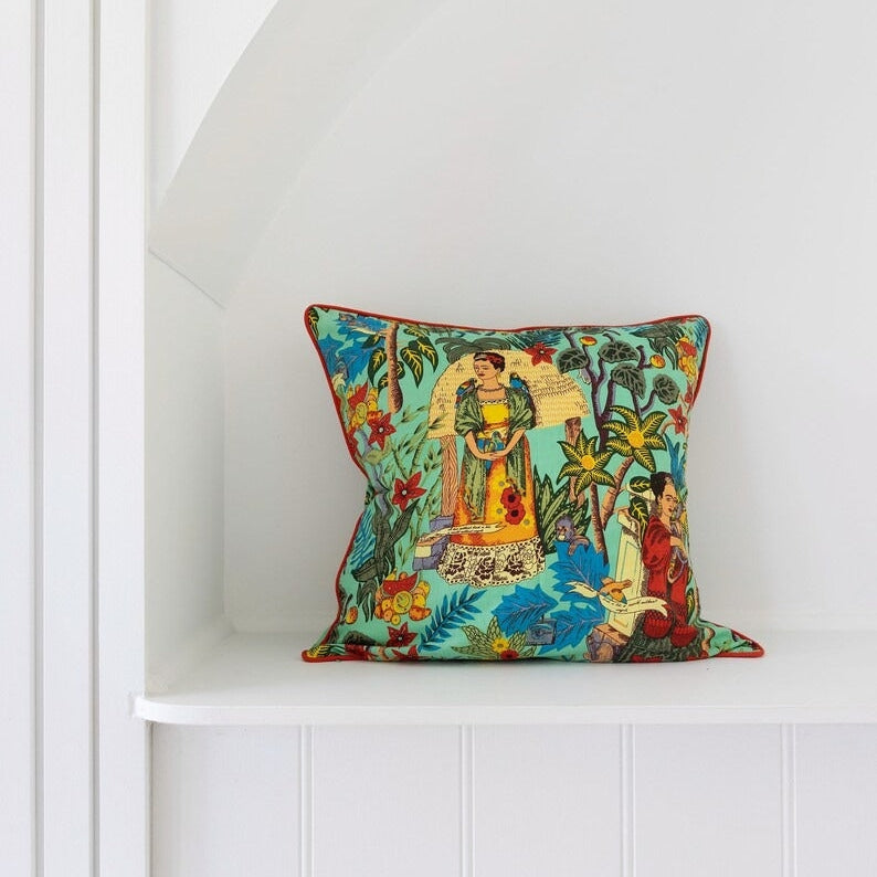 Mexican Painter Pillow Case, Frida Floral Decorative Cushion, Mexican Painter Art Garden Country - FRIDA GREEN