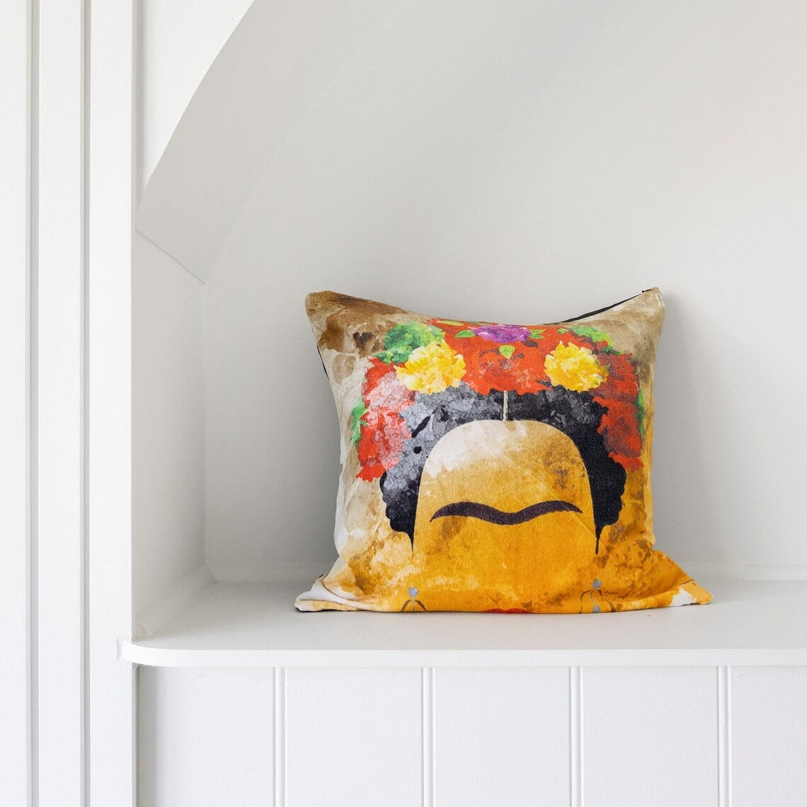 Mexican Painter Pillow Case, Frida Floral Decorative Cushion, Mexican Painter Art Garden Country Cushion Cover - Mustard Frida Face