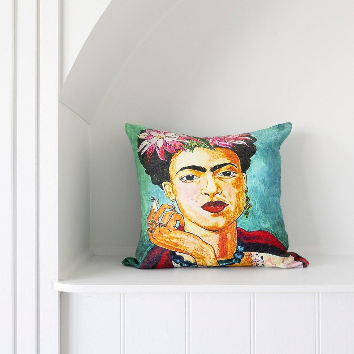 Mexican Painter Pillow Case, Frida Floral Decorative Cushion, Mexican Painter Art Garden Country Cushion Cover - Green Frida Face