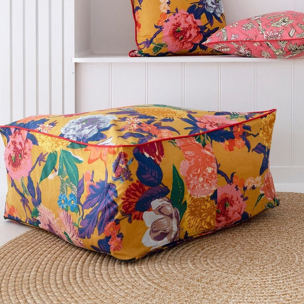 Frida Ottoman Cover Beanbag, Jungle Plants Mexican Painter Art Garden Country Mexico Muertes Ottoman - Mustard Anthro