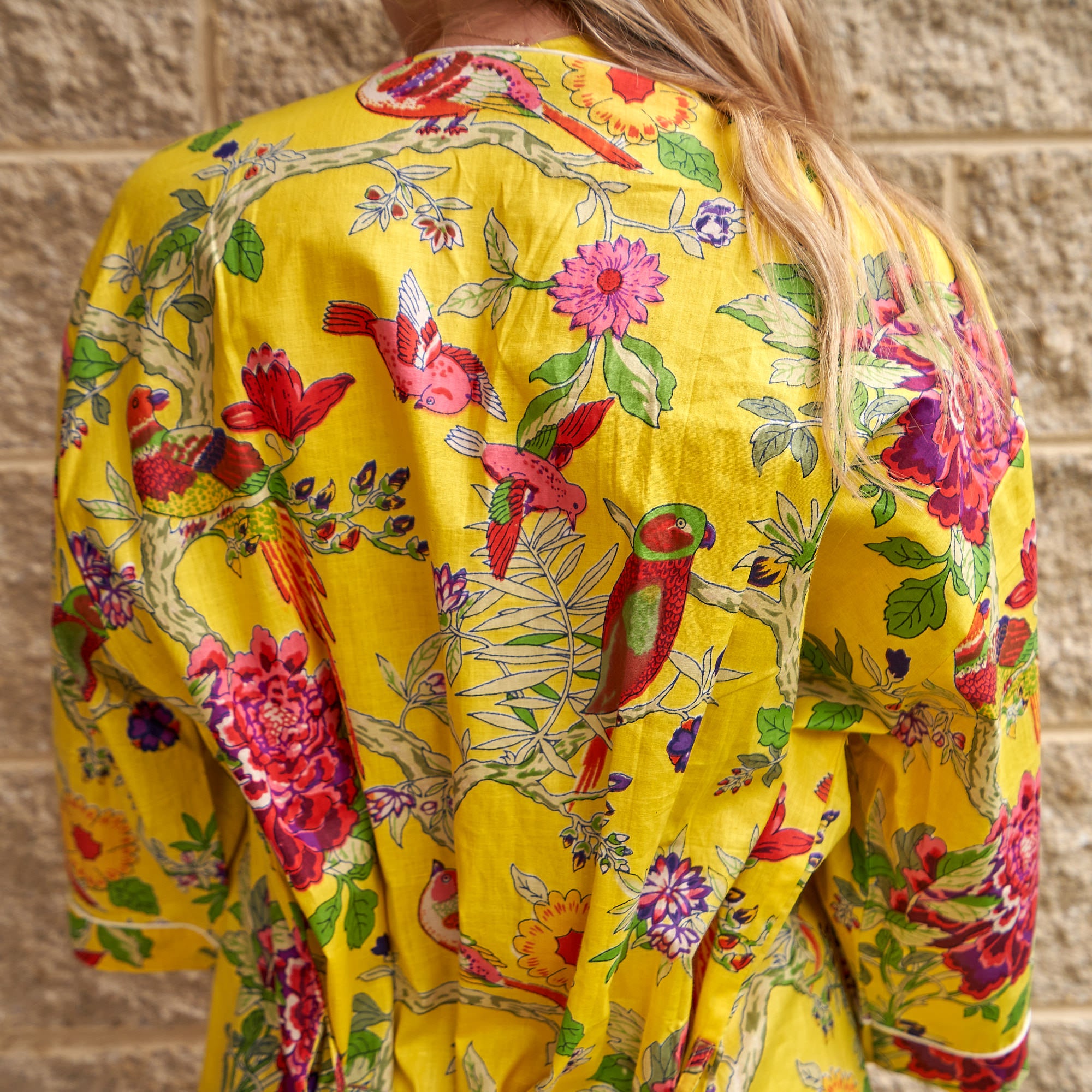 'Feathered Vibrance' 100% Cotton Kimono Robe
