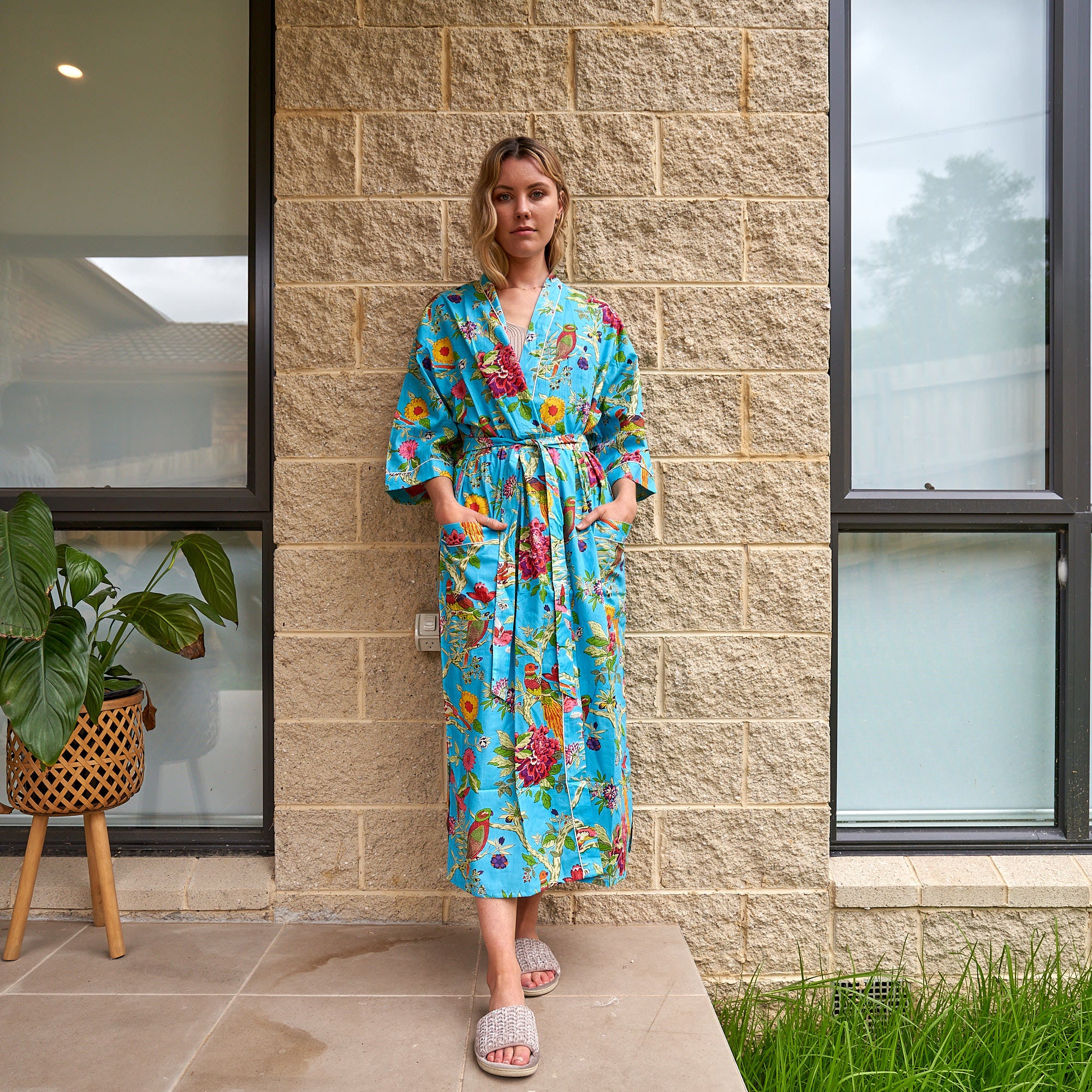 'Tropical Topiary' 100% Cotton Kimono Robe