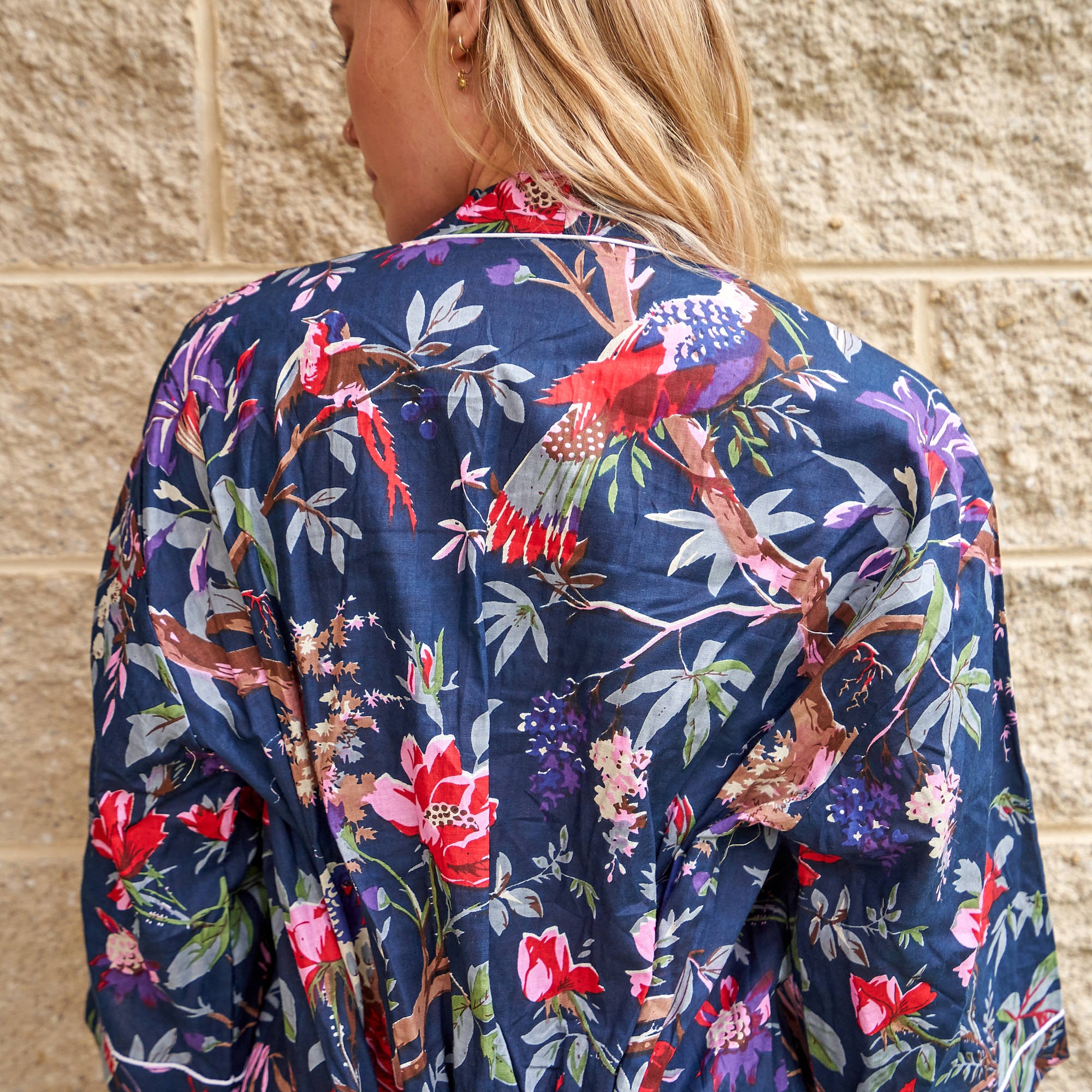 'Moonlit Birds' 100% Cotton Kimono Robe