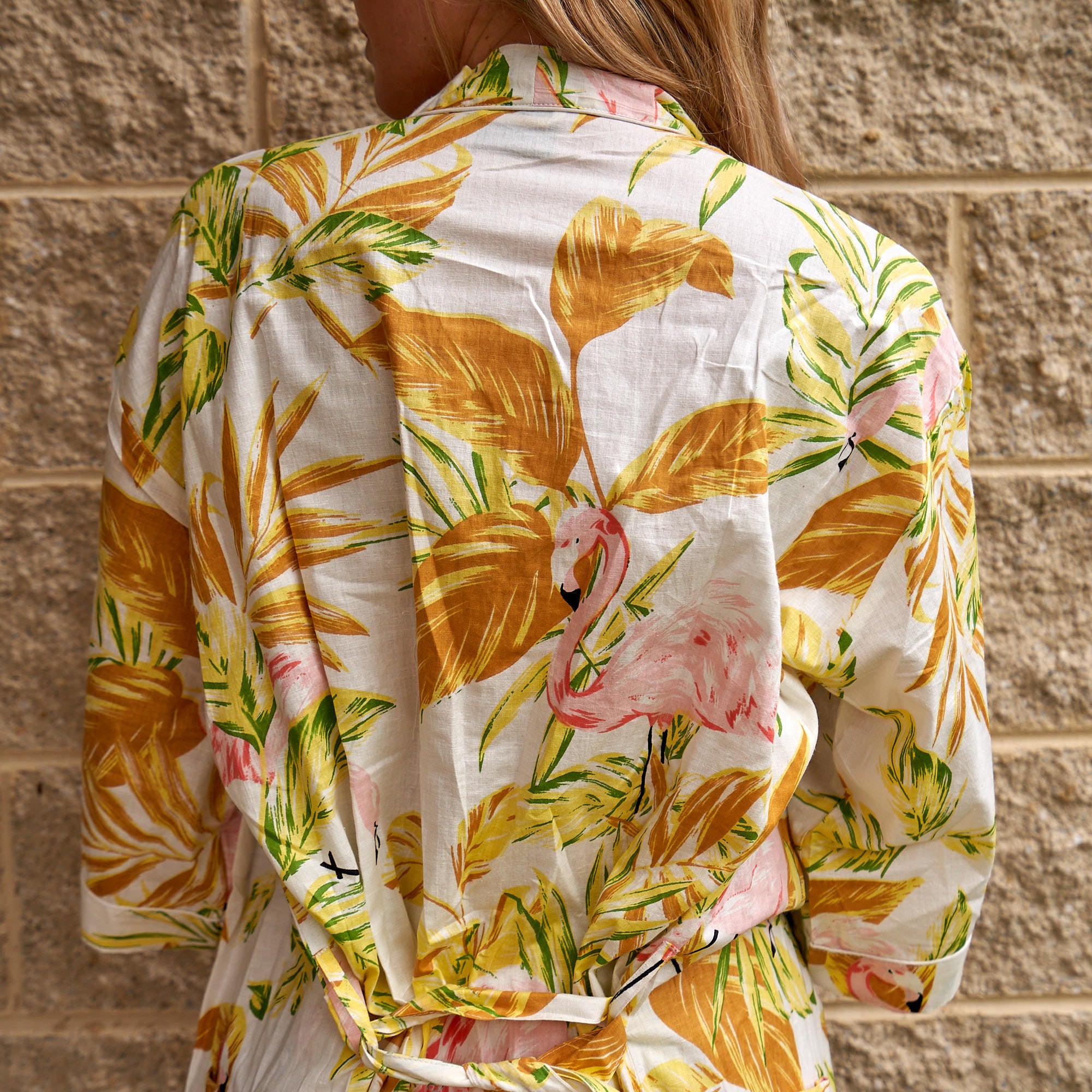 'Flamingo Dreams' 100% Cotton Kimono Robe