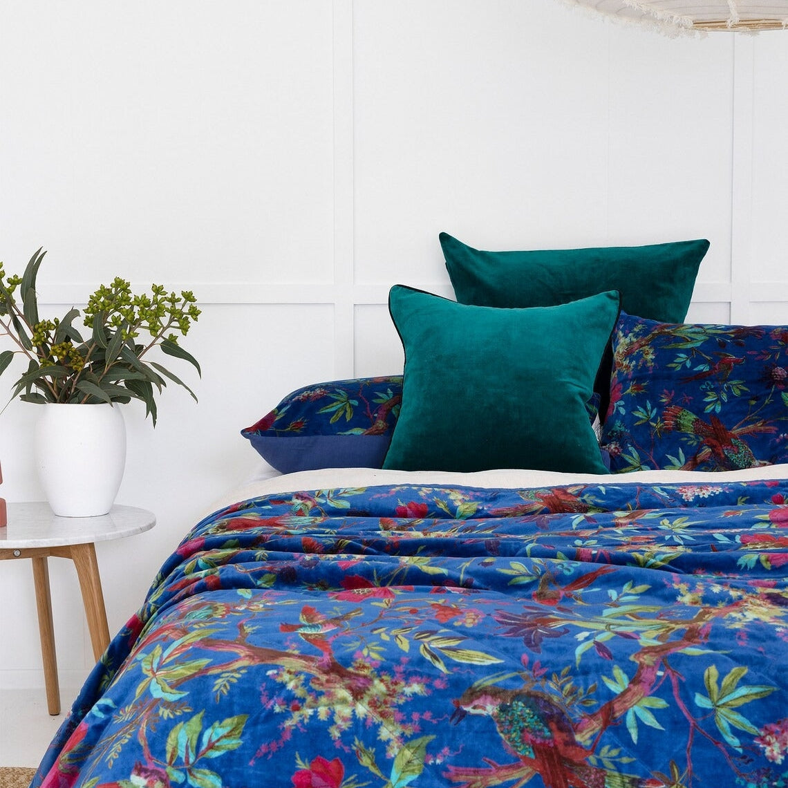 Velvet Floral Kantha Quilt - Bird Paradise Blue
