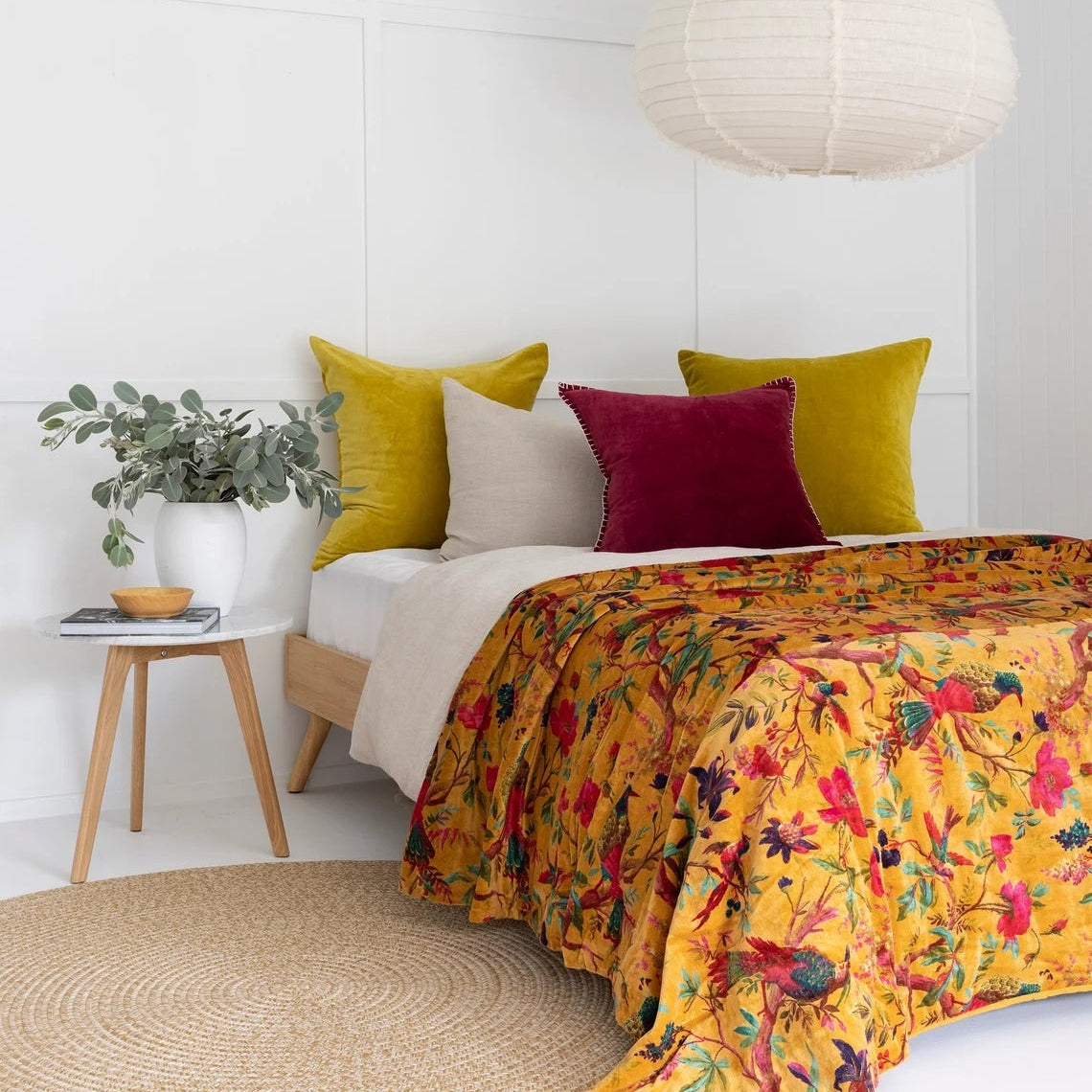 Velvet Floral Kantha Quilt - Bird Paradise Mustard