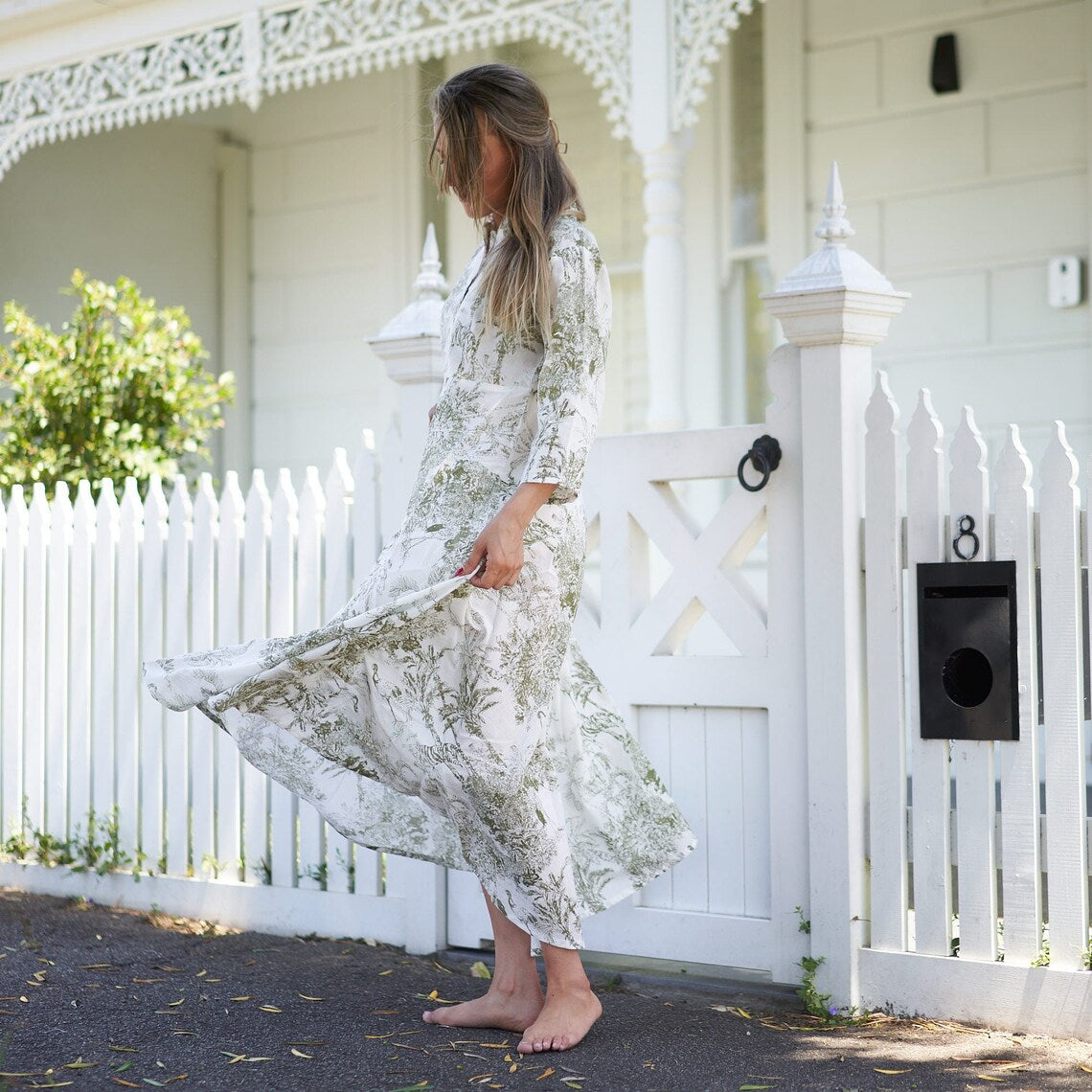 White Olive Floral Print Mid Length Sleeve Cotton Maxi Dress