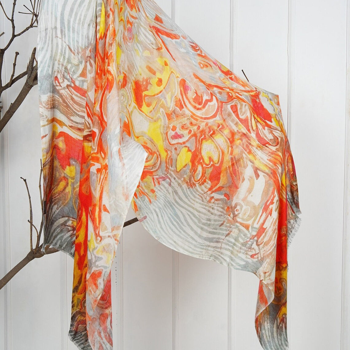 Silk Modal Scarf, long all season scarf in luxurious fabric blend, shawl and wrap, accessories for women, gifts for her, summer scarf, shawl - Cream/Orange