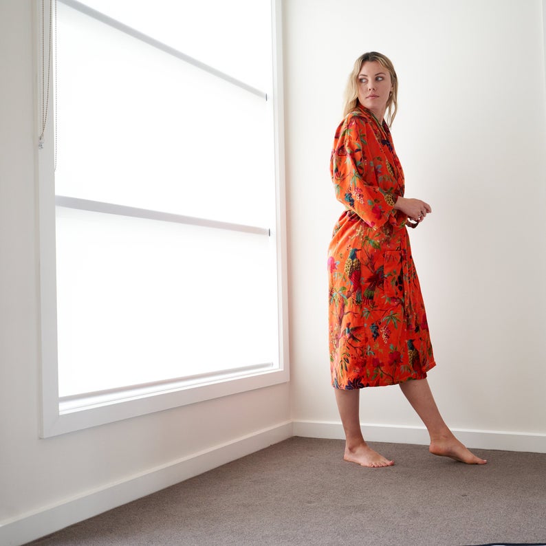 'Floral Fairytale' 100% Cotton Velvet Kimono Robe