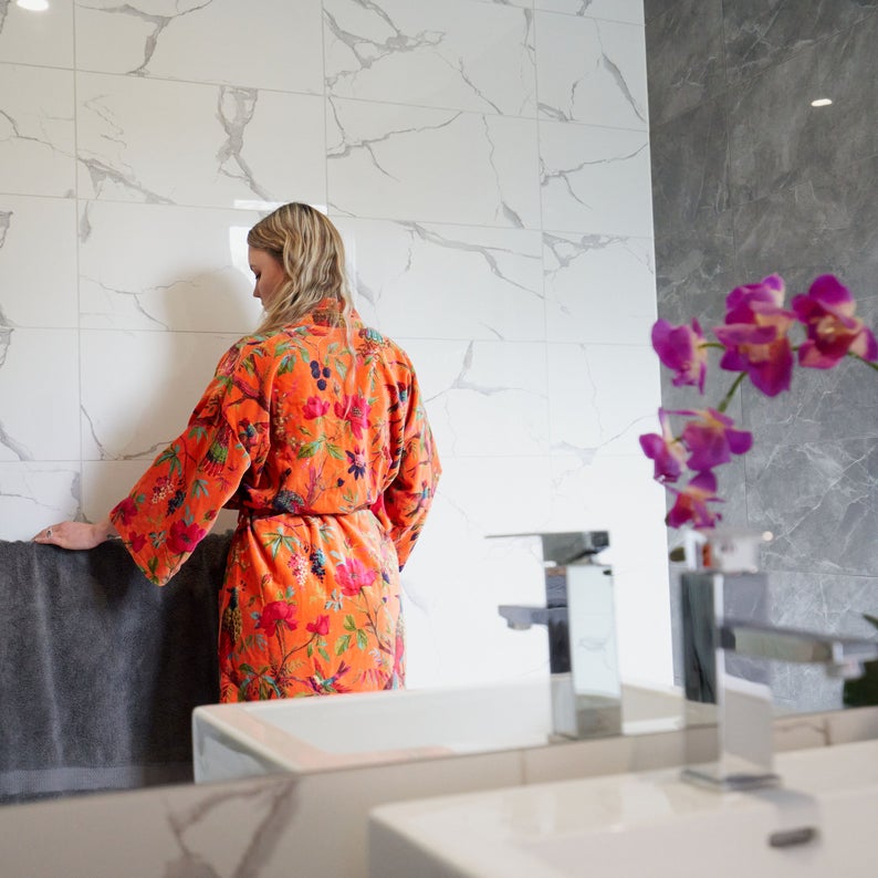'Floral Fairytale' 100% Cotton Velvet Kimono Robe