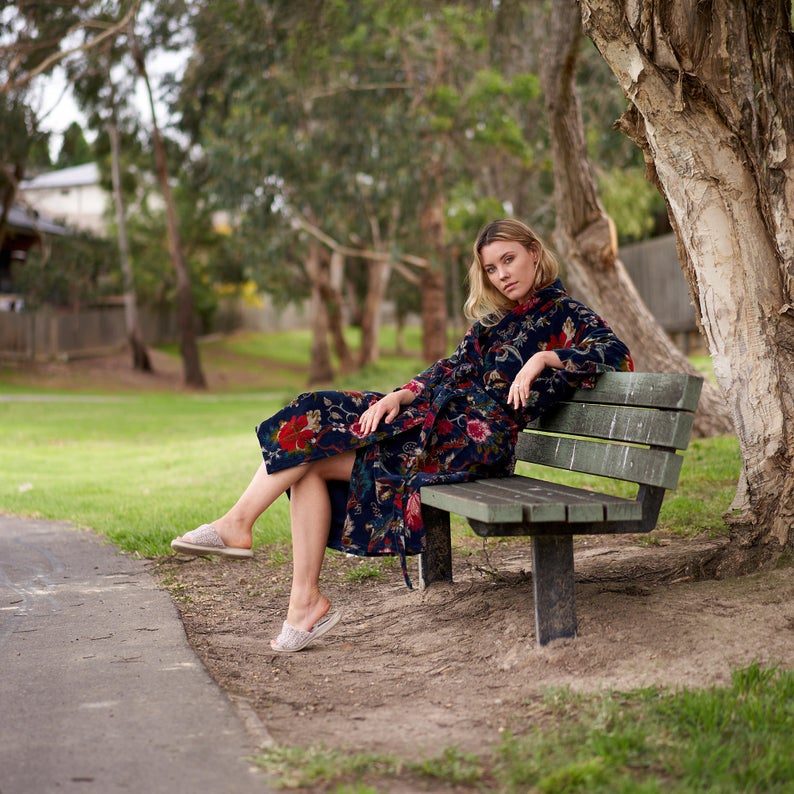 Floral Velvet' Kimono 100% Cotton Bathrobe