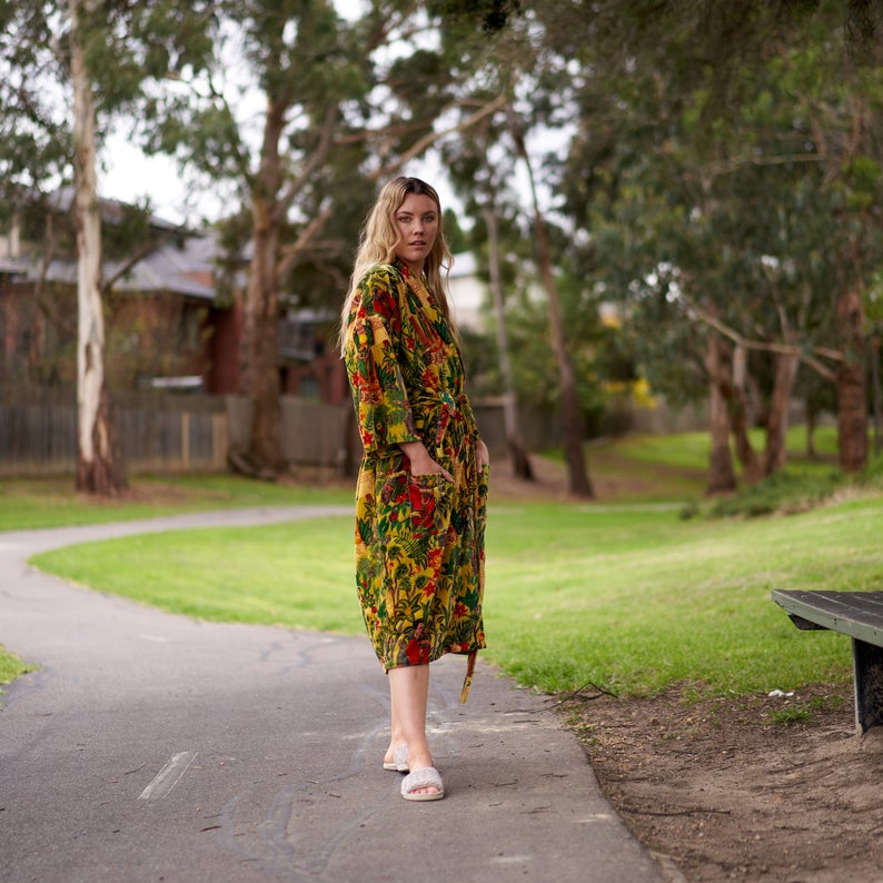 'Opulent Oasis' 100% Cotton Velvet Kimono Robe Robe