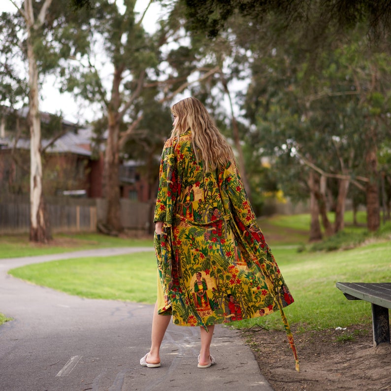 'Opulent Oasis' 100% Cotton Velvet Kimono Robe Robe