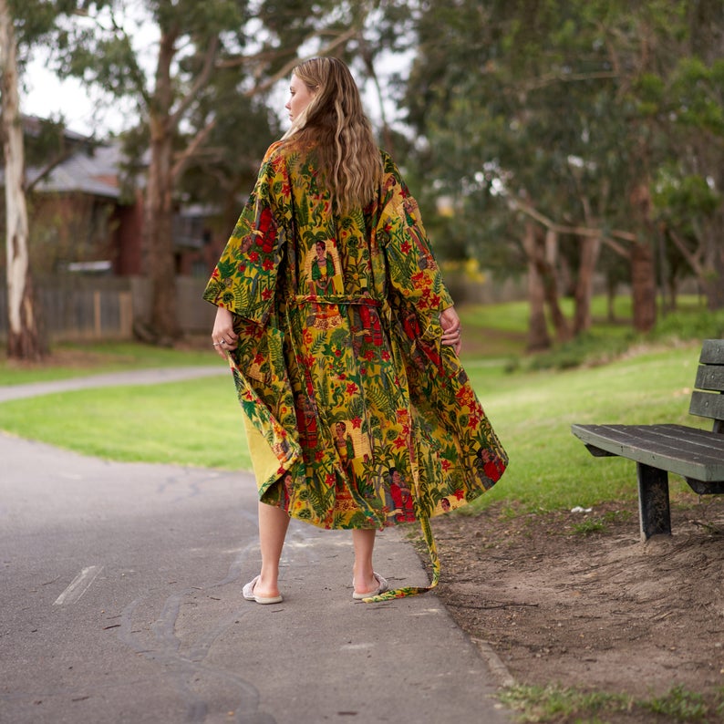 'Opulent Oasis' 100% Cotton Velvet Kimono Robe Robe