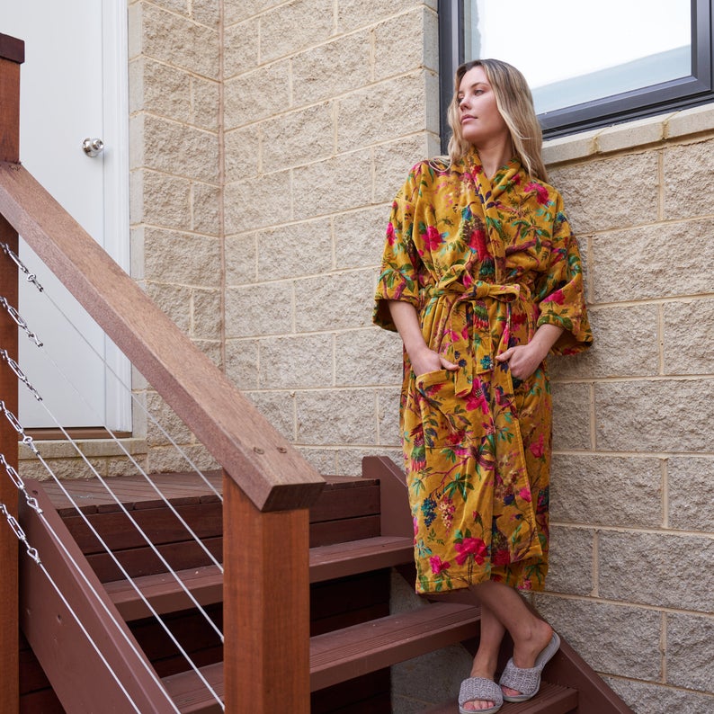 'Royal Garden' 100% Cotton Velvet Kimono Robe Robe