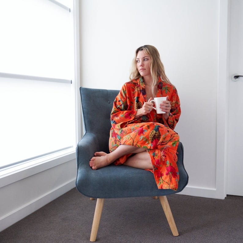 'Floral Fairytale' 100% Cotton Velvet Kimono Robe