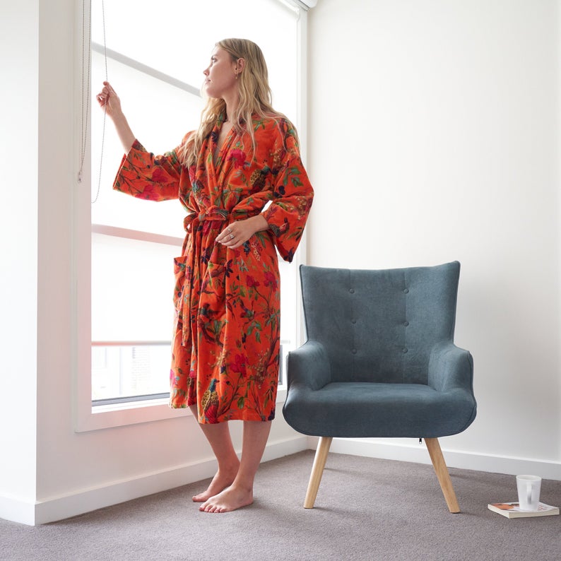 'Floral Fairytale' 100% Cotton Velvet Kimono Robe
