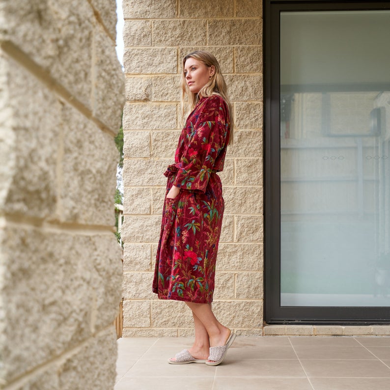 'Plush Petals' 100% Cotton Velvet Kimono Robe Robe