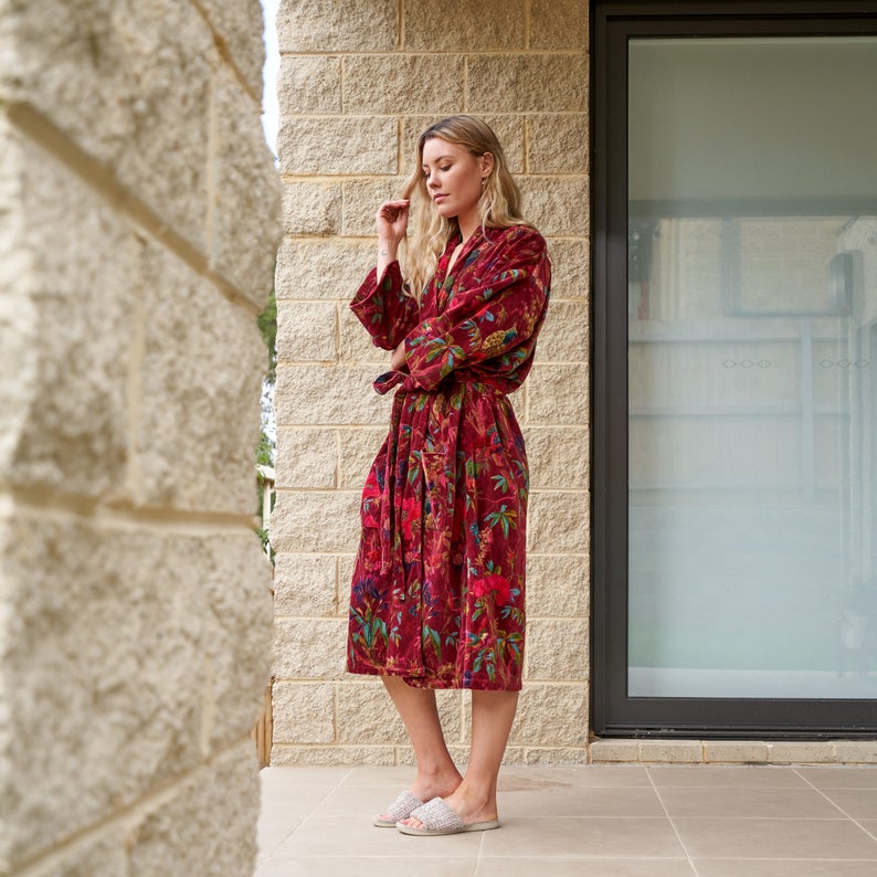 'Plush Petals' 100% Cotton Velvet Kimono Robe Robe