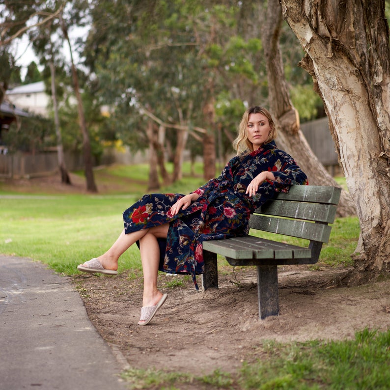 Floral Velvet' Kimono 100% Cotton Bathrobe