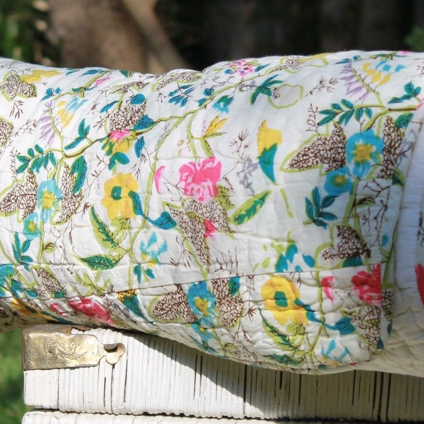 Linen Connections Vintage Handmade Kantha Floral Cotton Quilt Throw BedspreadBedroom Boho Decor