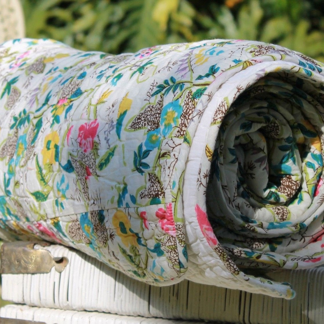 Linen Connections Vintage Handmade Kantha Floral Cotton Quilt Throw BedspreadBedroom Boho Decor