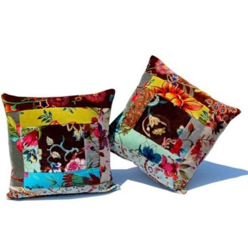 'Boho Florals' 100% Cotton Velvet Patchwork Cushion Cover