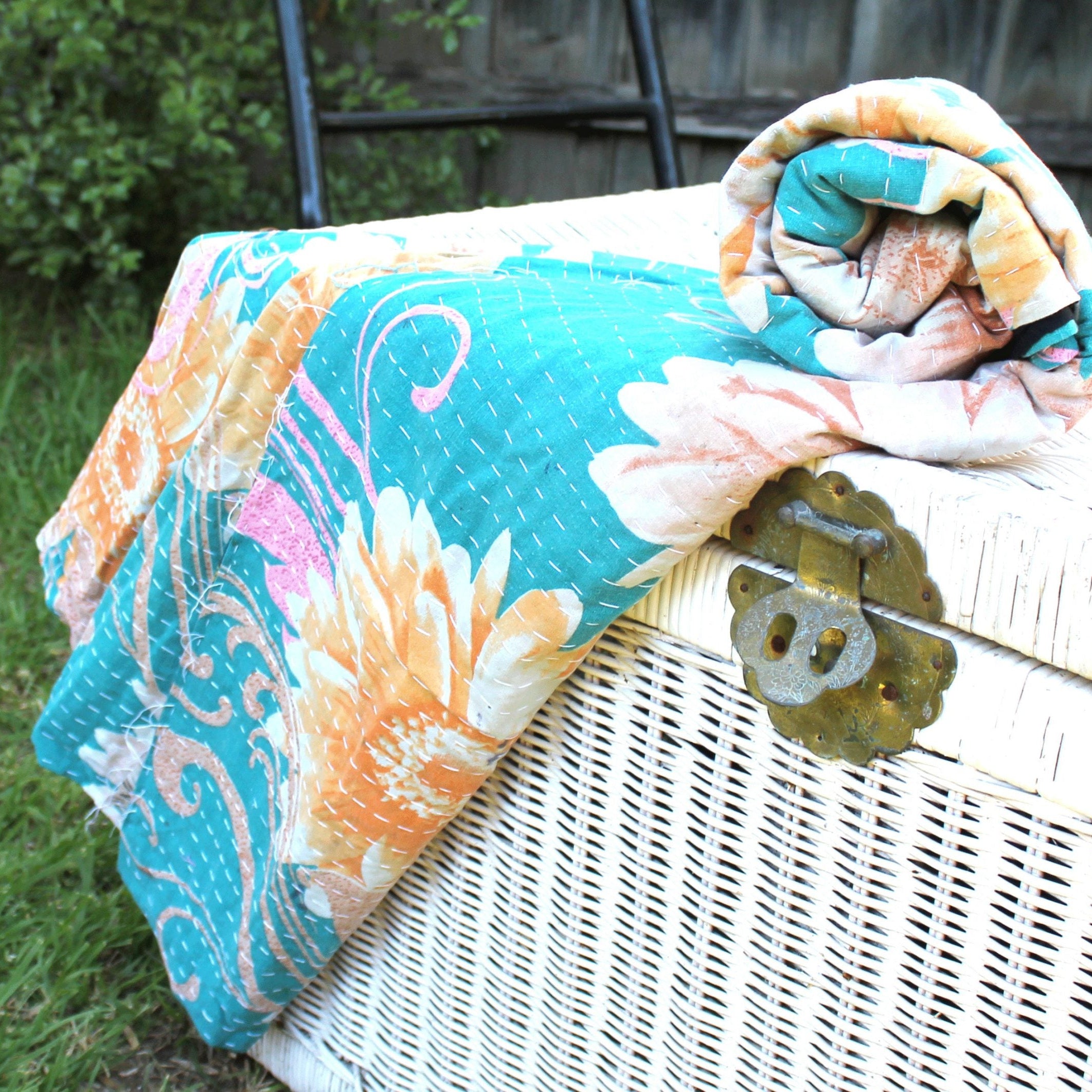 Vintage Hand Made Indian Kantha Bed Spread Blanket Throw Boho Home Decor Linen Connections Patchwork Boho throw kantha quilt baby blanket