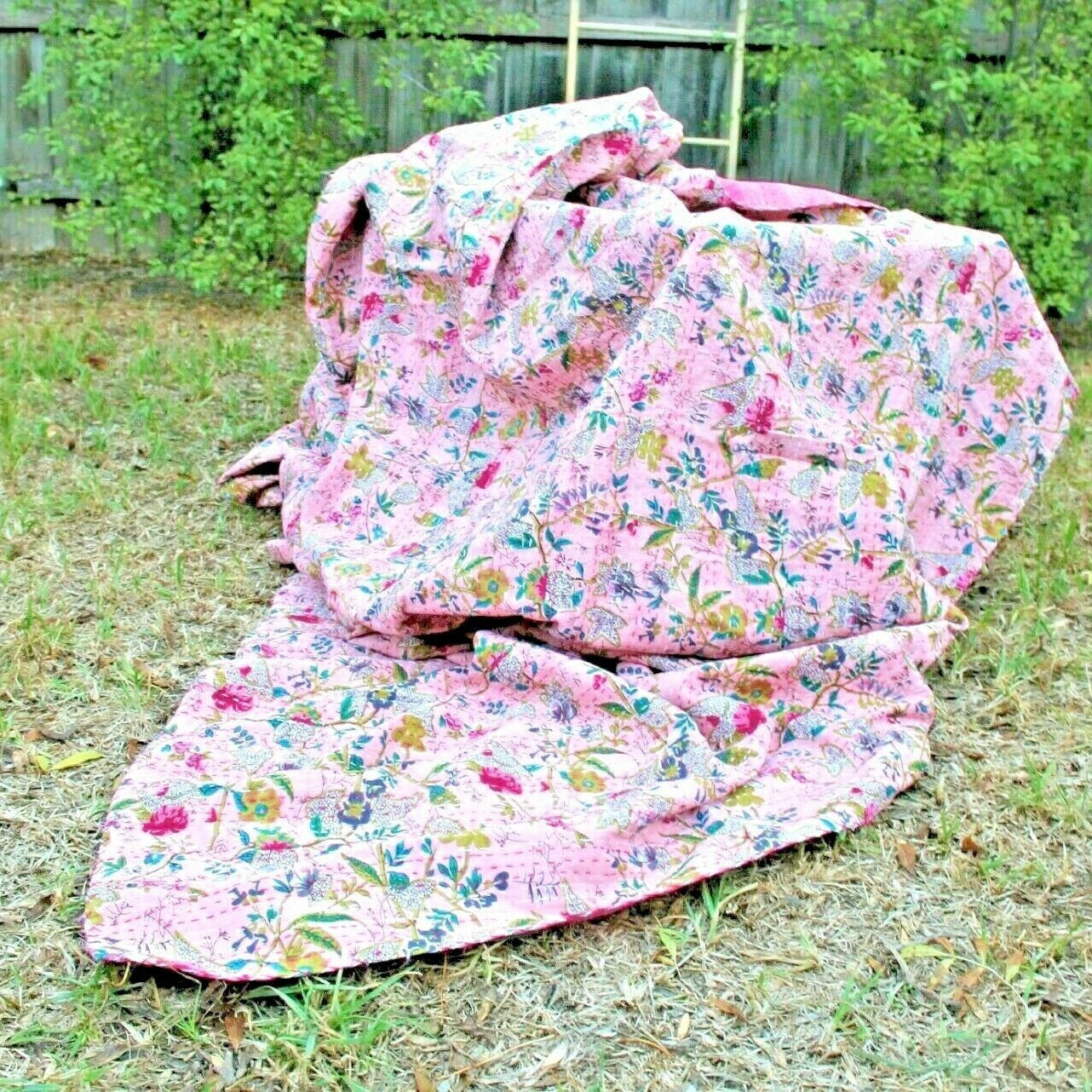 Kantha Quilt Indian Quilt Block Print Quilt Linen Connections Bedspread Bohemian Boho Cotton Throw Quilt Handmade Pink Baby Blanket