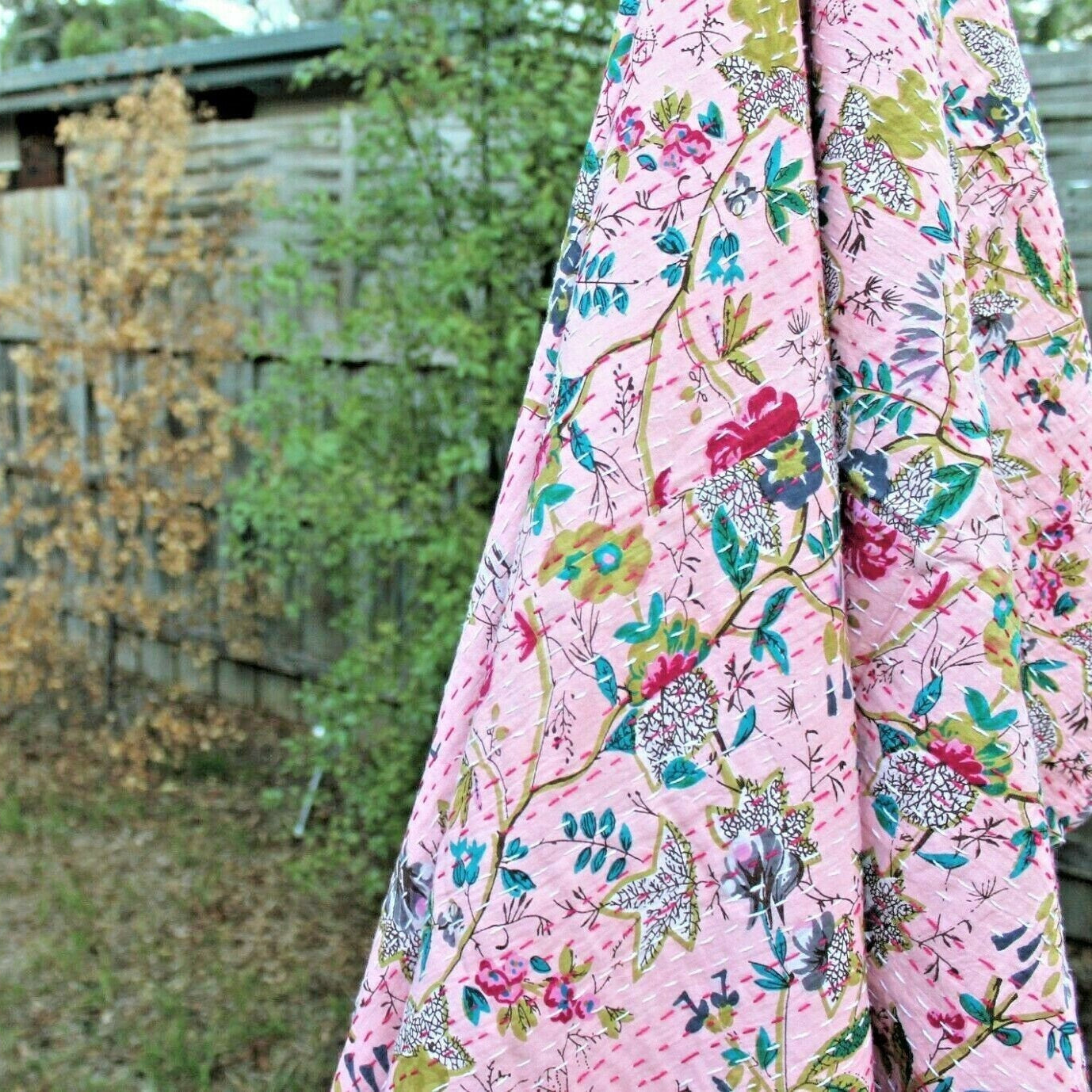 Kantha Quilt Indian Quilt Block Print Quilt Linen Connections Bedspread Bohemian Boho Cotton Throw Quilt Handmade Pink Baby Blanket