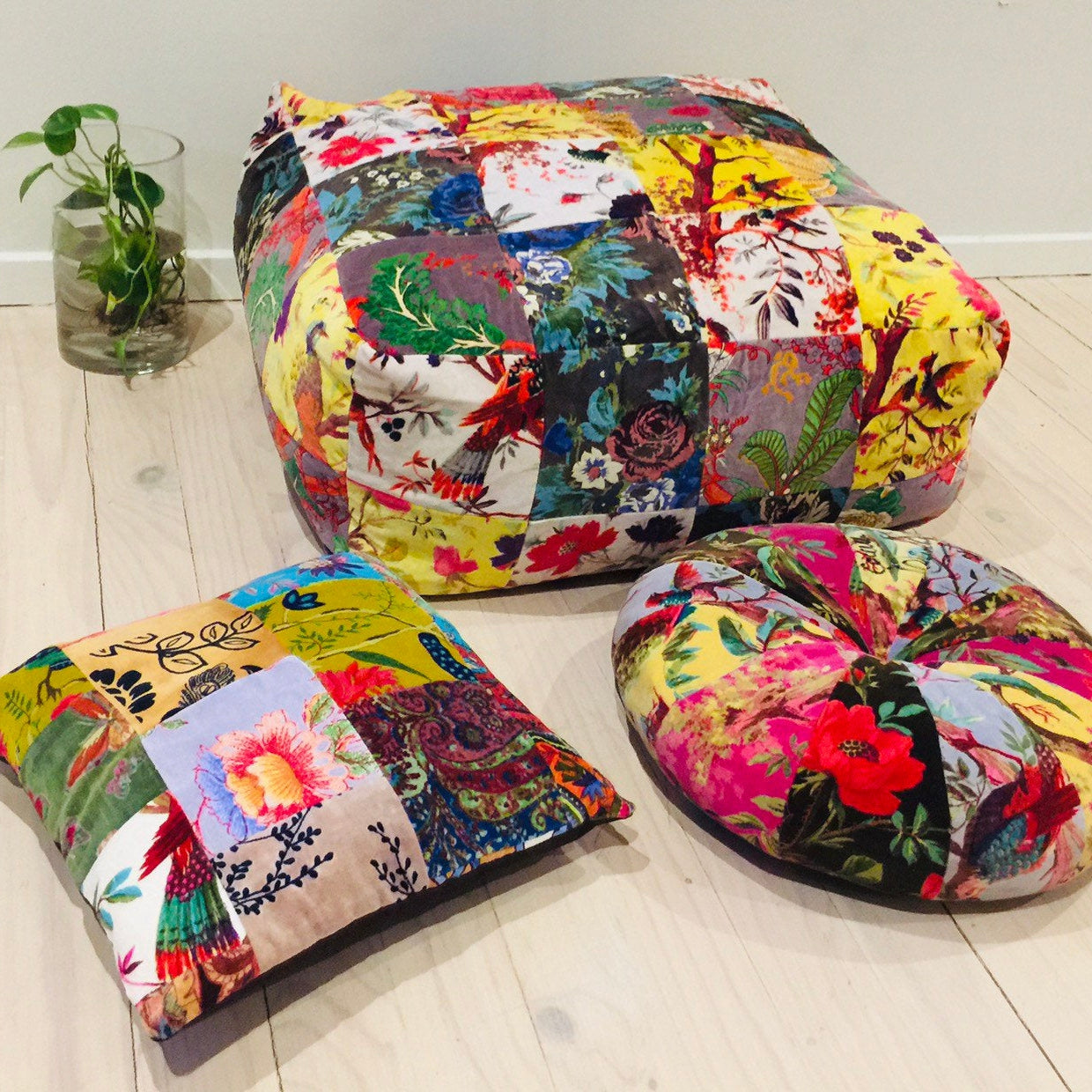Velvet Patchwork Cushion Cover Ottoman Pouffe - Colourful Lagoon