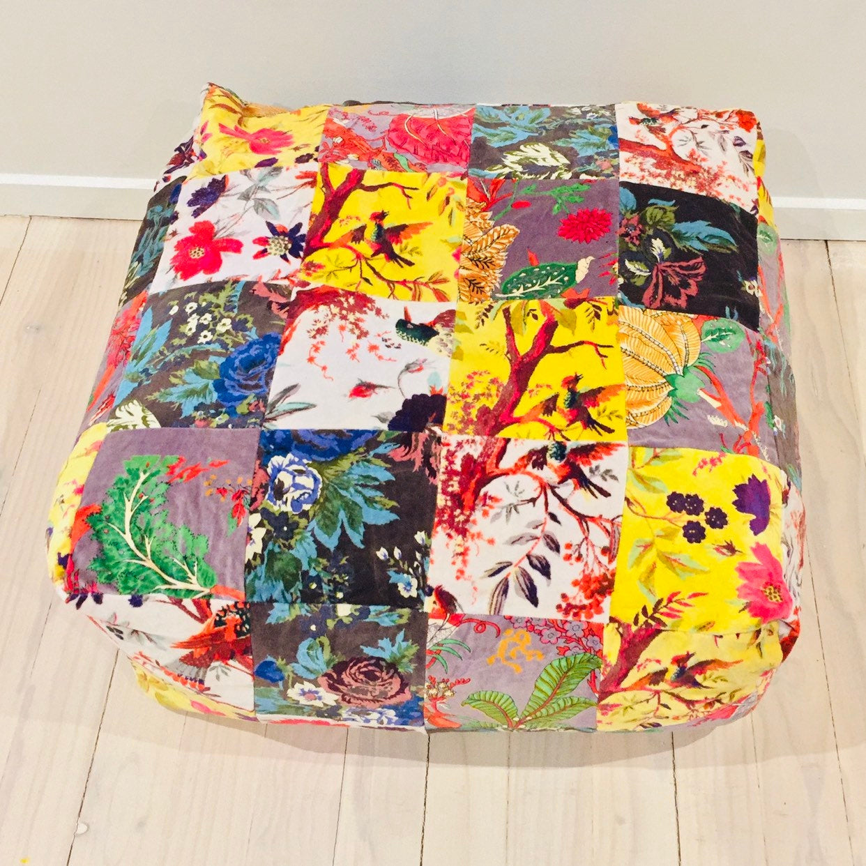 Velvet Patchwork Cushion Cover Ottoman Pouffe Colourful Lagoon