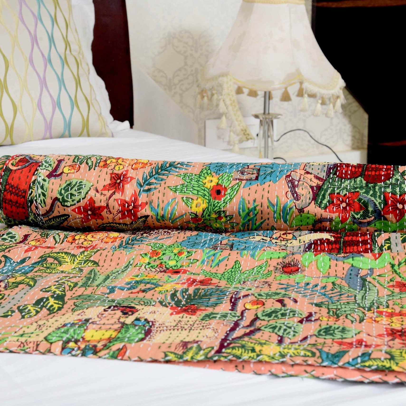 Frida Kahlo Kantha Quilt Indian Quilt Block Print Quilt Linen Connections Bedspread Bohemian Boho Cotton Throw Quilt Handmade Baby Blanket