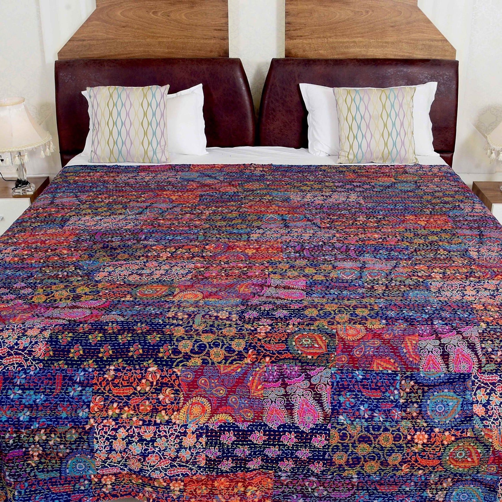 Linen Connections Kantha Quilt Indian Quilt Block Print Quilt Bedspread Bohemian Boho Cotton Throw Quilt Handmade Baby Blanket